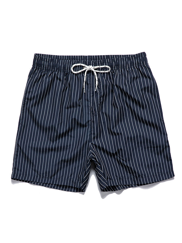 Short Sleeve Linen Look Stand Collar Shirt & Striped Print Swim Shorts