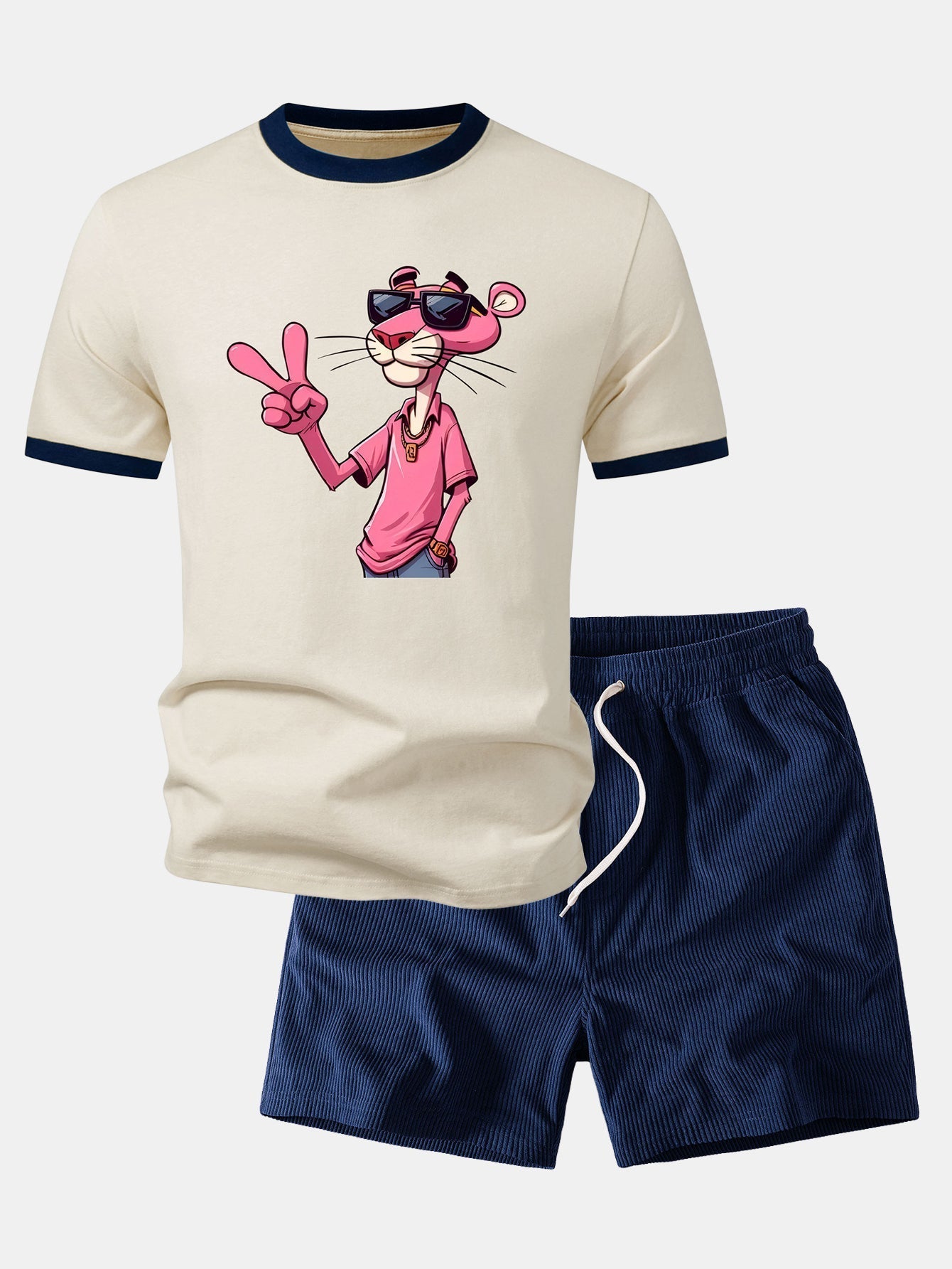 Pink Panther With V Sign Print Contrast Ringer T-Shirt & 5" Drawstring Corduroy Shorts