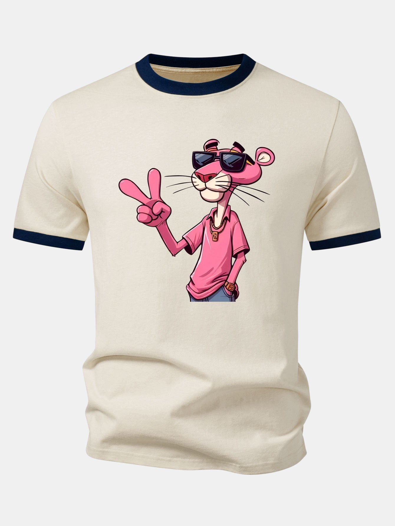 Pink Panther With V Sign Print Contrast Ringer T-Shirt & 5" Drawstring Corduroy Shorts
