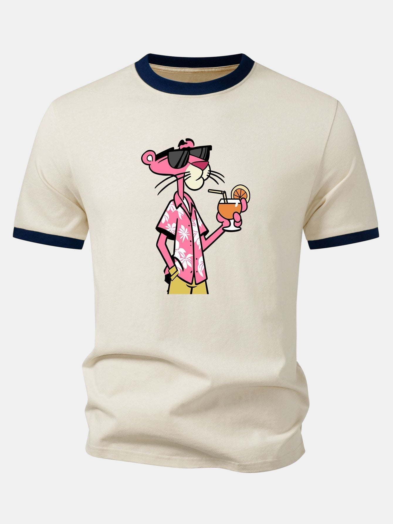 Vacation Pink Panther Print Contrast Ringer T-Shirt & Zip Pocket Swim Shorts