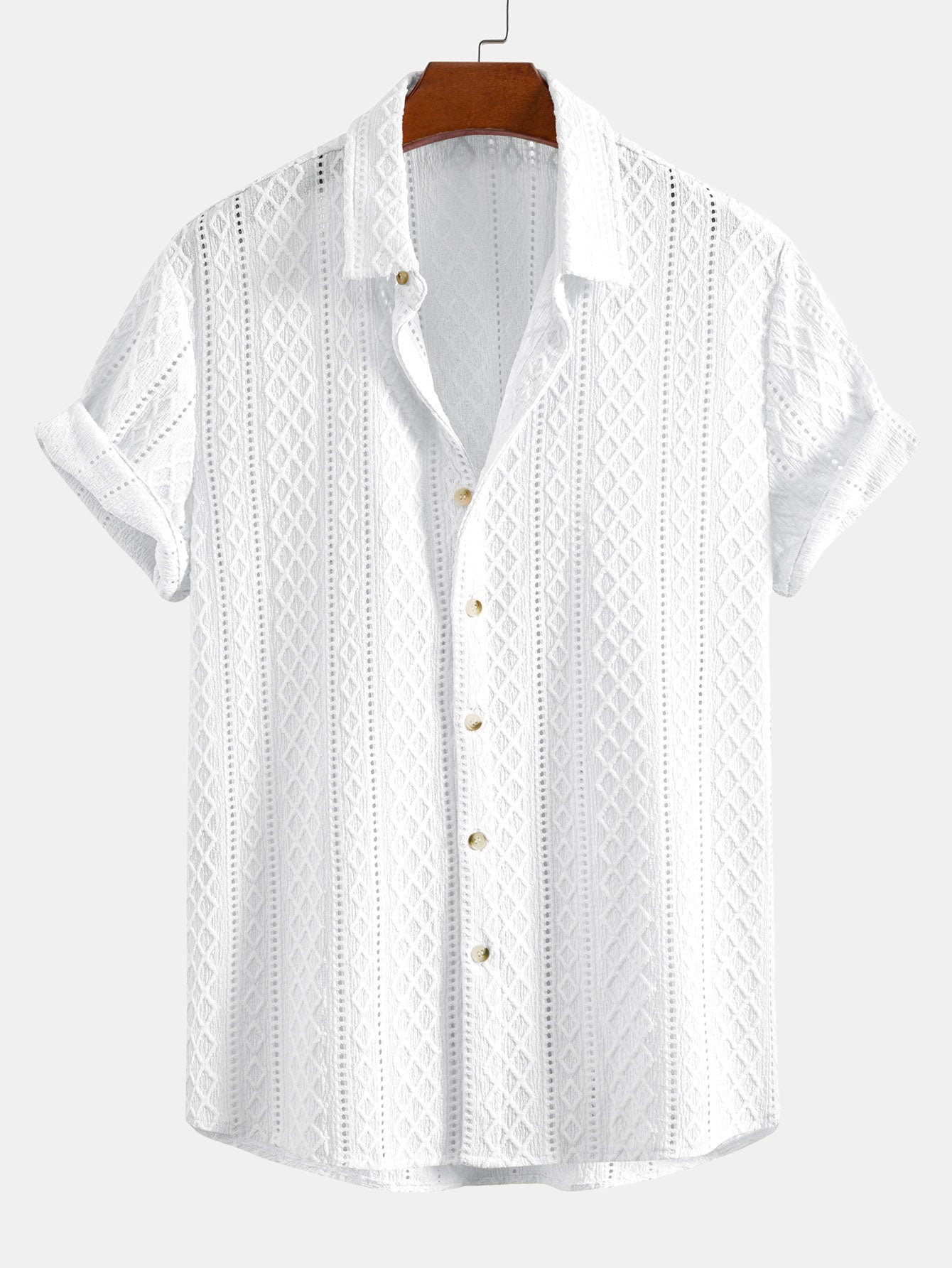 Geometry Rhombus Jacquard Button Up Shirt & Linen Look Stripe Straight Leg Pants