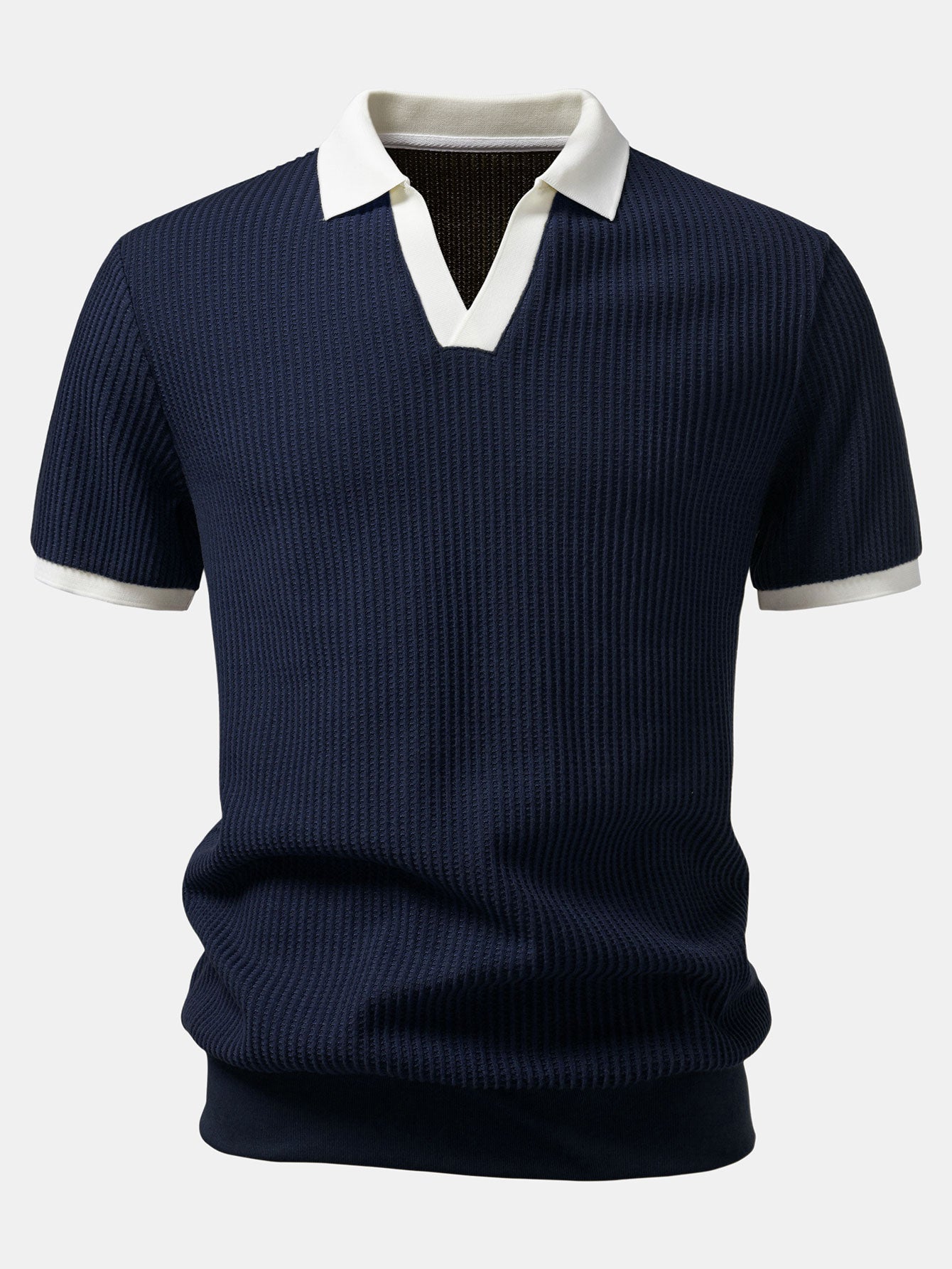 Contrast Knit Waffle Johnny Collar Polo & Drawstring Knitted Waffle Shorts
