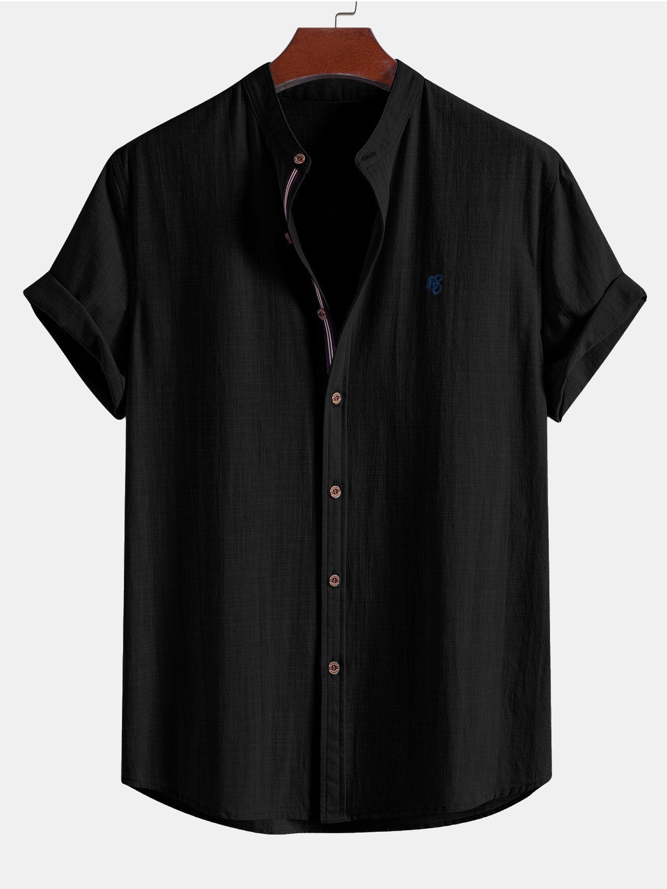 Short Sleeve Linen Look Stand Collar Shirt & Linen Blend Drawstring 7" Shorts