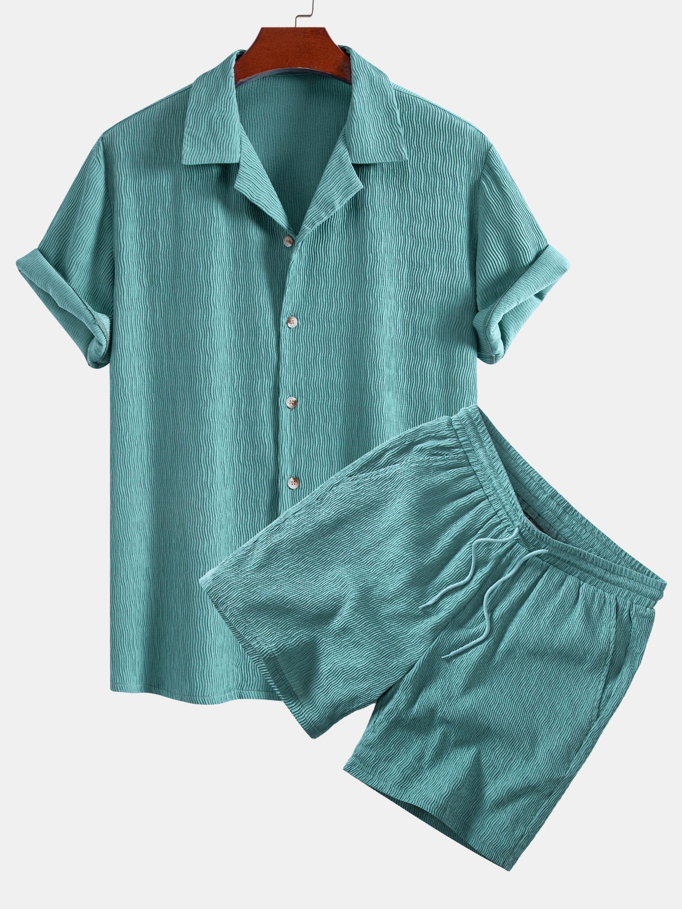 Textured Seersucker Short Sleeve Shirt & Drawstring 6“ Shorts Set