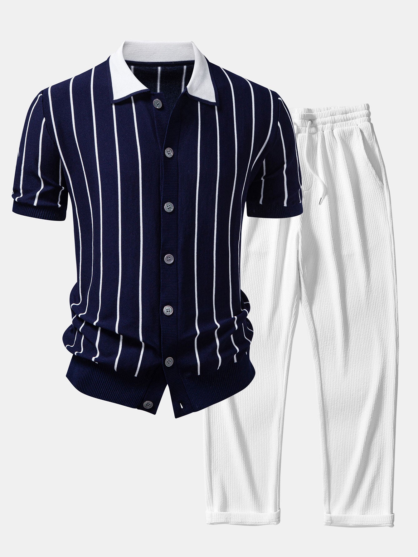 Stripe Button Up Knit Shirt & Straight Leg Ribbed Pants