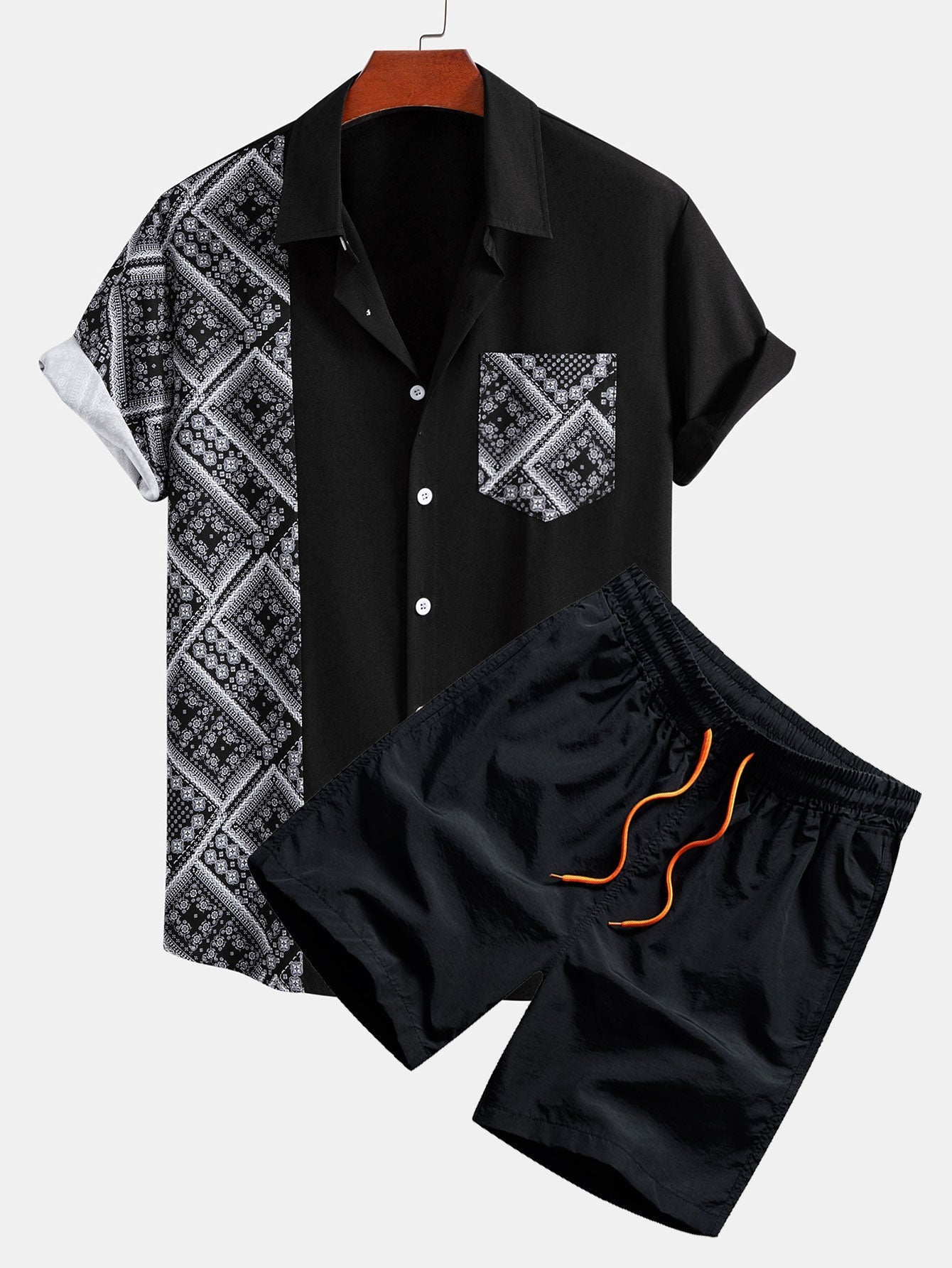 Paisley Print Patchwork Button Up Shirt & Swim Shorts