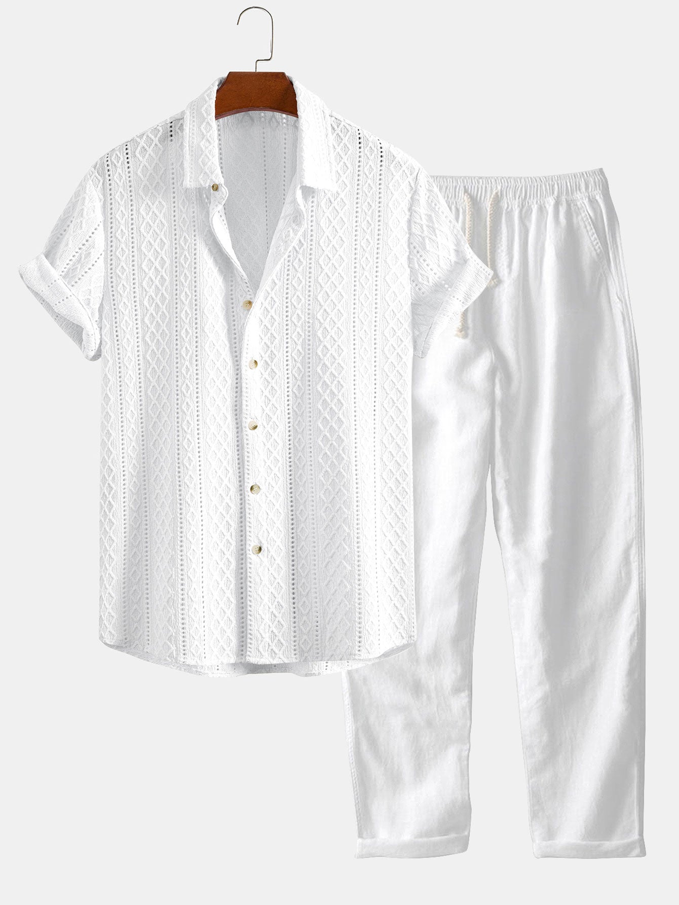 Geometry Rhombus Jacquard Button Up Shirt & Straight Leg Linen Pants