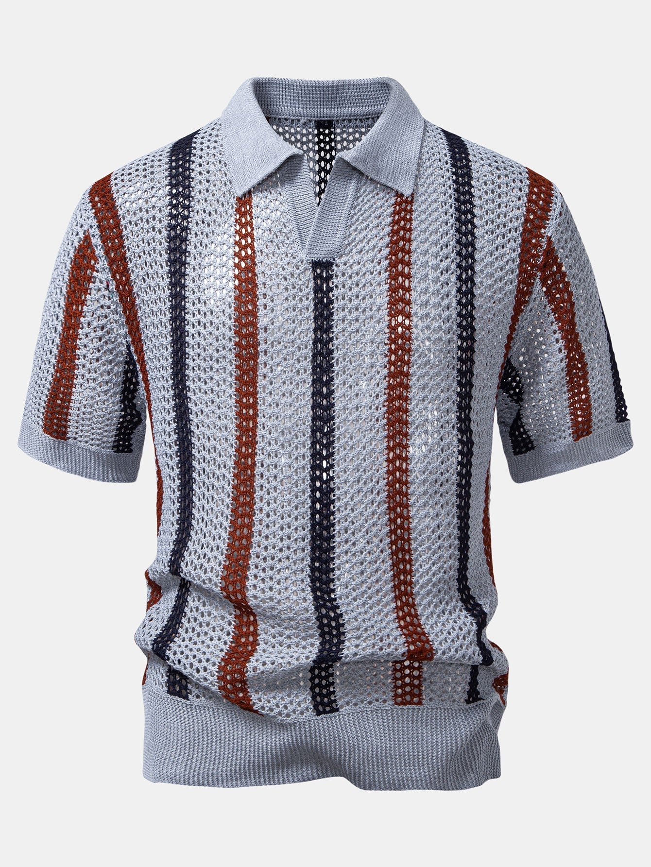 Striped Crochet V Neck Polo & Crinkle Textured Drawstring 5" Shorts
