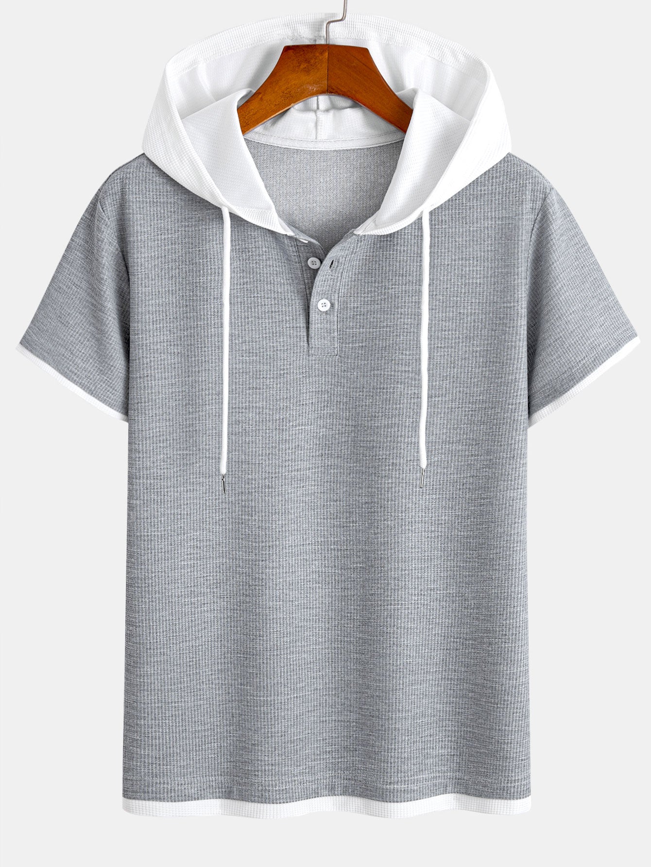 Contrast Button-Placket Waffle Hooded T-Shirt & 2 In 1 Waffle 7″ Shorts