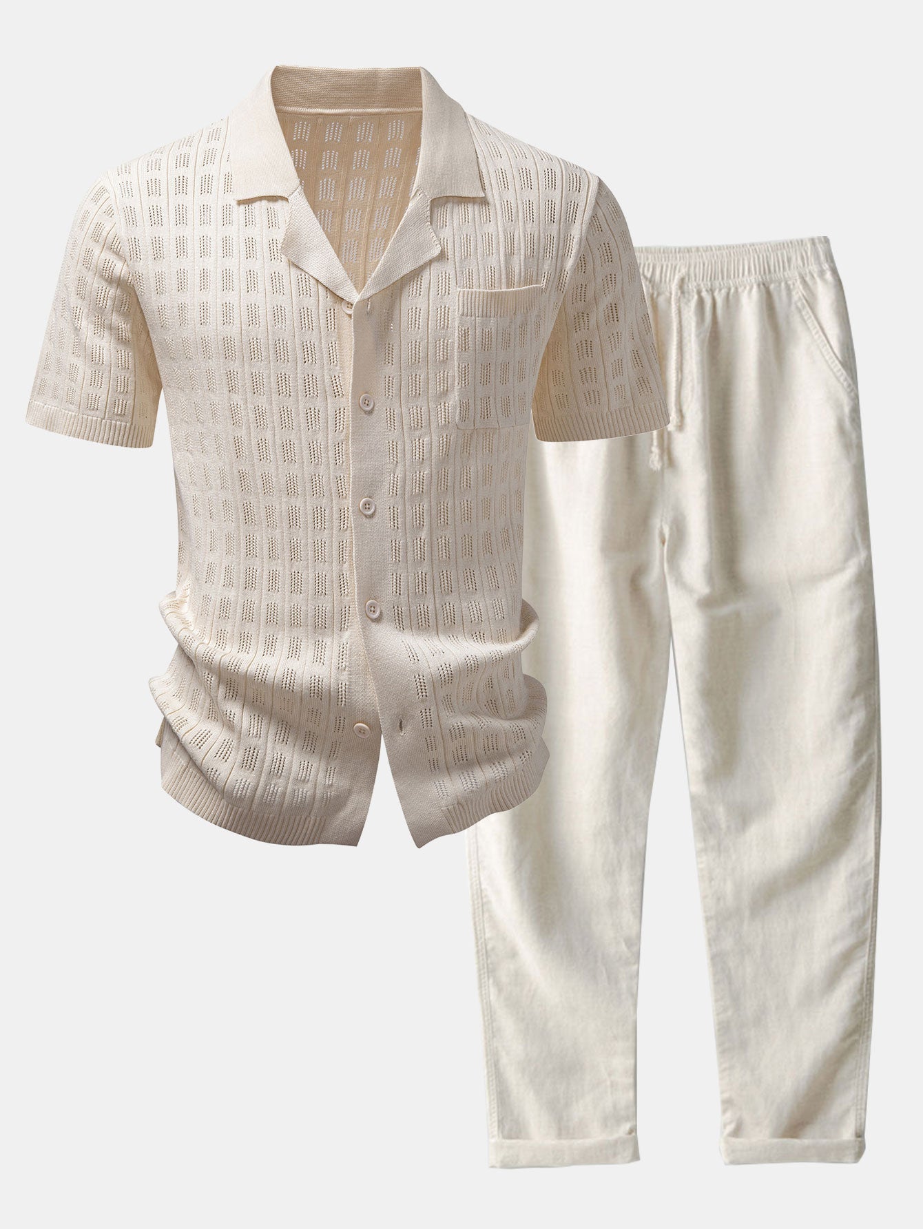 Plaid Open Knit Shirt & Straight Leg Linen Pants
