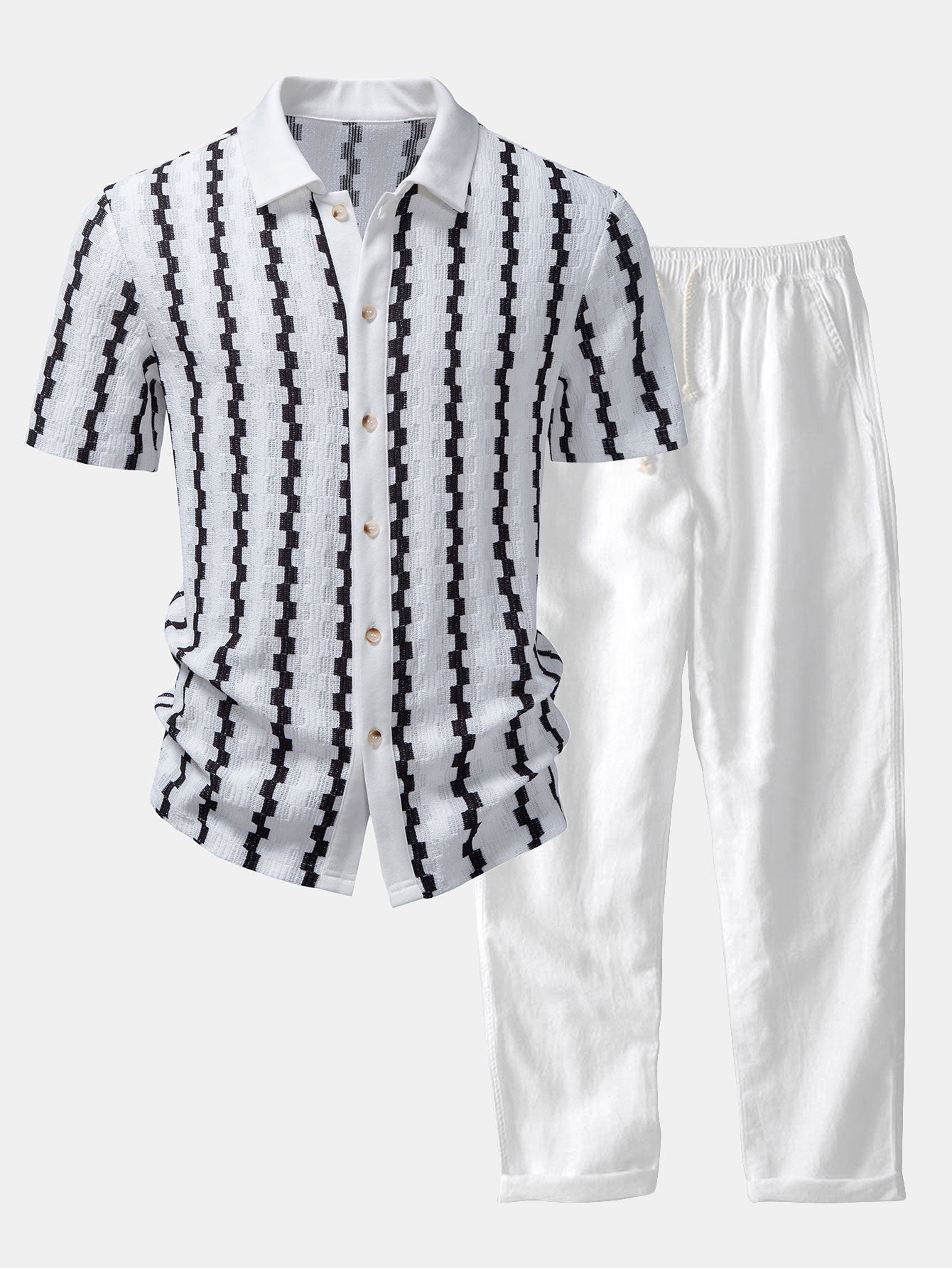 Plaid Jacquard Button Up Shirt & Straight Leg Linen Pants