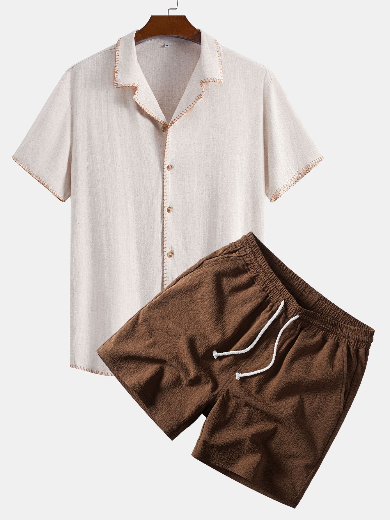 Contrast Stitching Linen Rayon Blend Cuban Shirt & Crinkle Textured Drawstring 5" Shorts