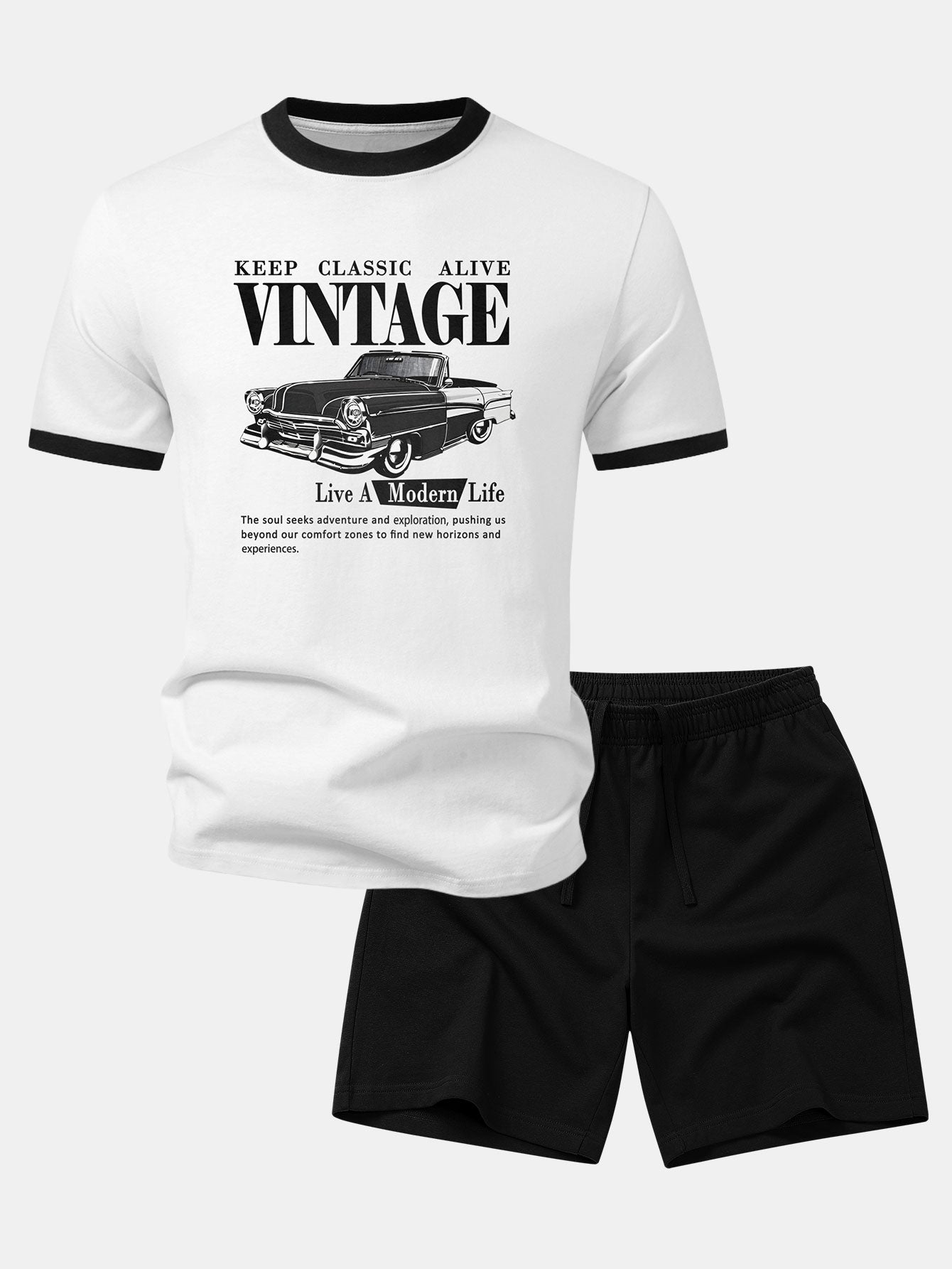 Vintage Car Print Contrast Ringer T-Shirt & Cotton Drawstring 7" Shorts