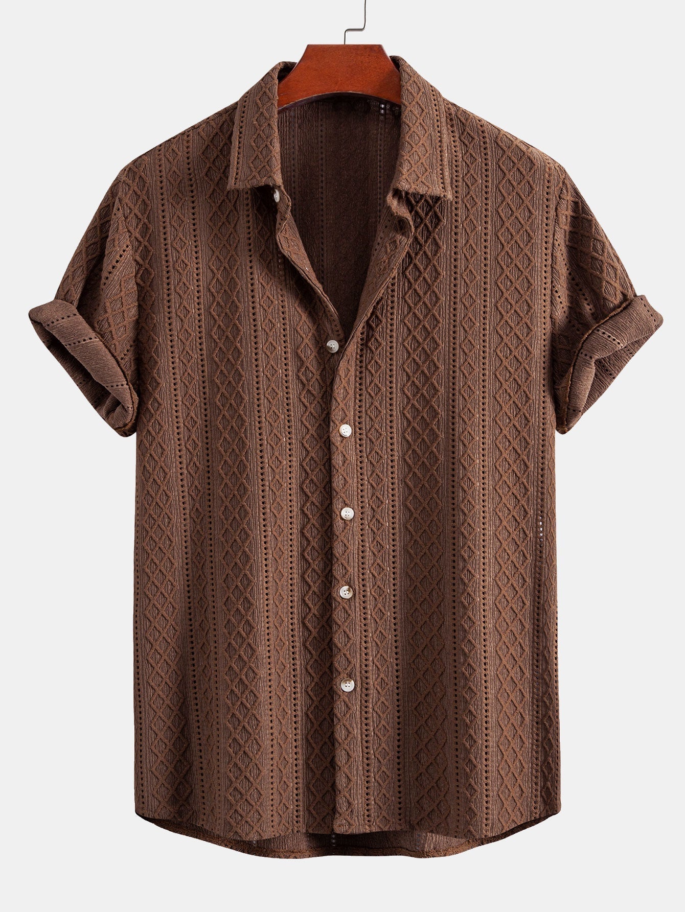Geometry Rhombus Jacquard Button Up Shirt & Linen Blend Drawstring 7" Shorts