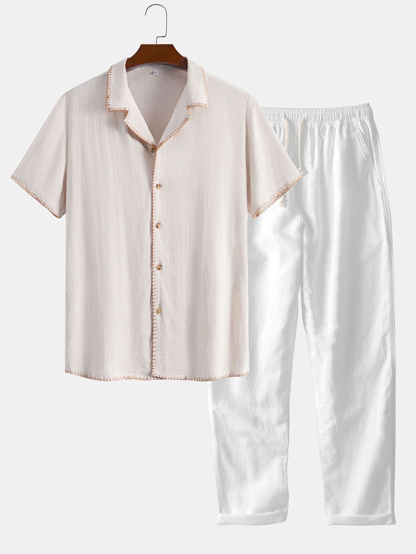 Contrast Stitching Linen Rayon Blend Cuban Shirt & Straight Leg Linen Pants