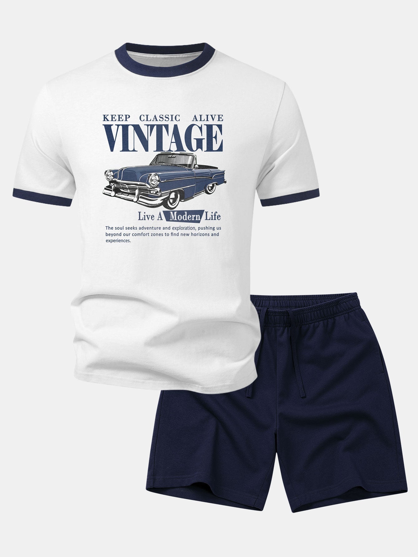 Vintage Car Print Contrast Ringer T-Shirt & Cotton Drawstring 7" Shorts