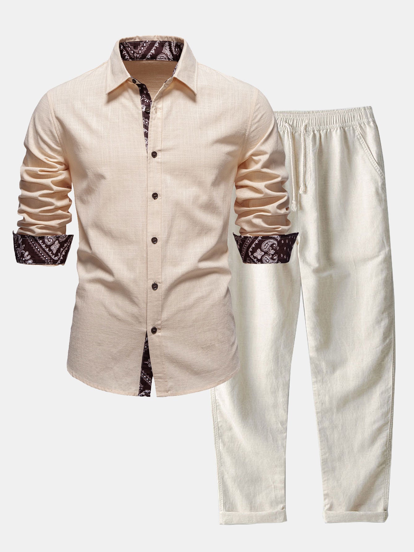 Contrast Paisley Print Linen Look Shirt & Straight Leg Linen Pants