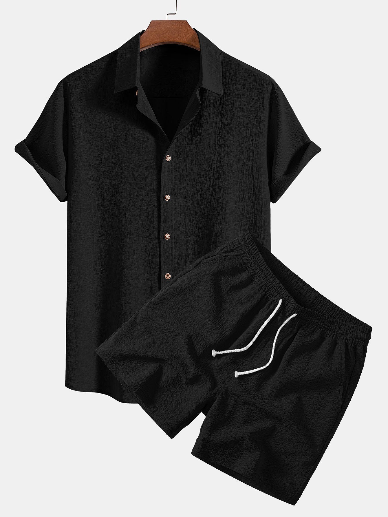 Crinkled Textured Shirt & Crinkle Textured Drawstring 5" Shorts