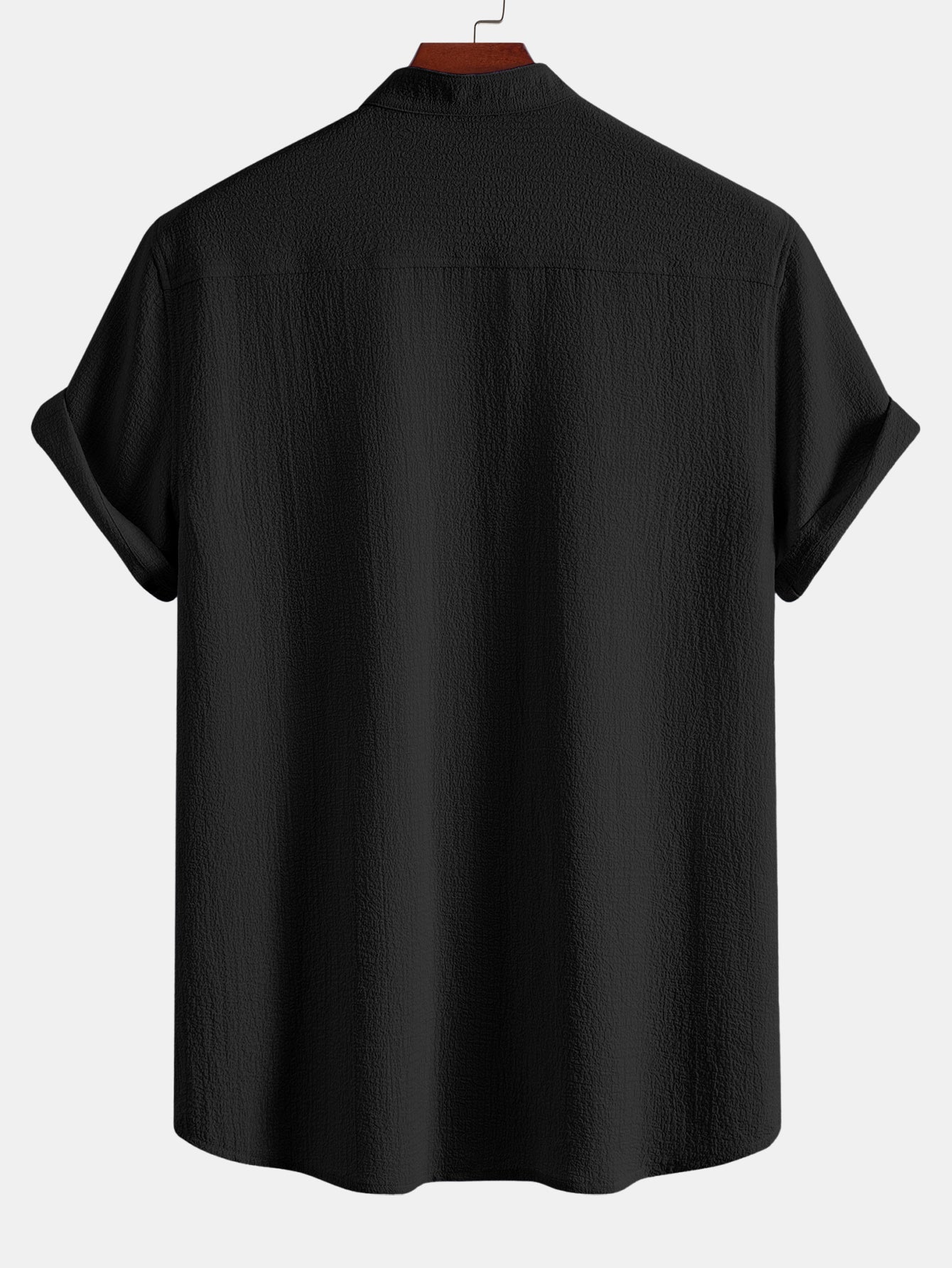 Short Sleeve Seersucker Stand Collar Shirt & Crinkle Textured Straight Leg Pants