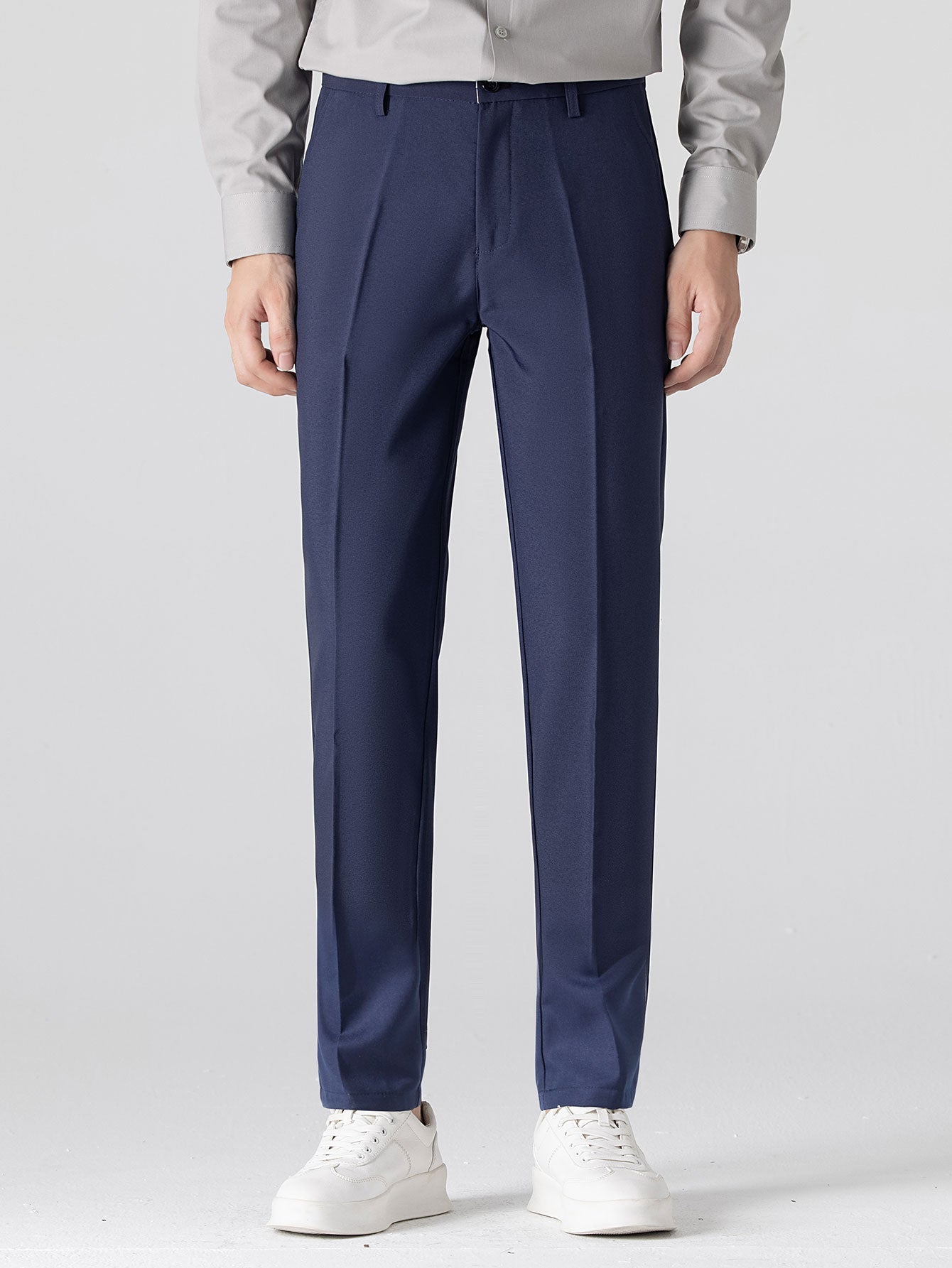 Short Sleeve Linen Look Stand Collar Shirt & Slim Fit Tapered Trousers