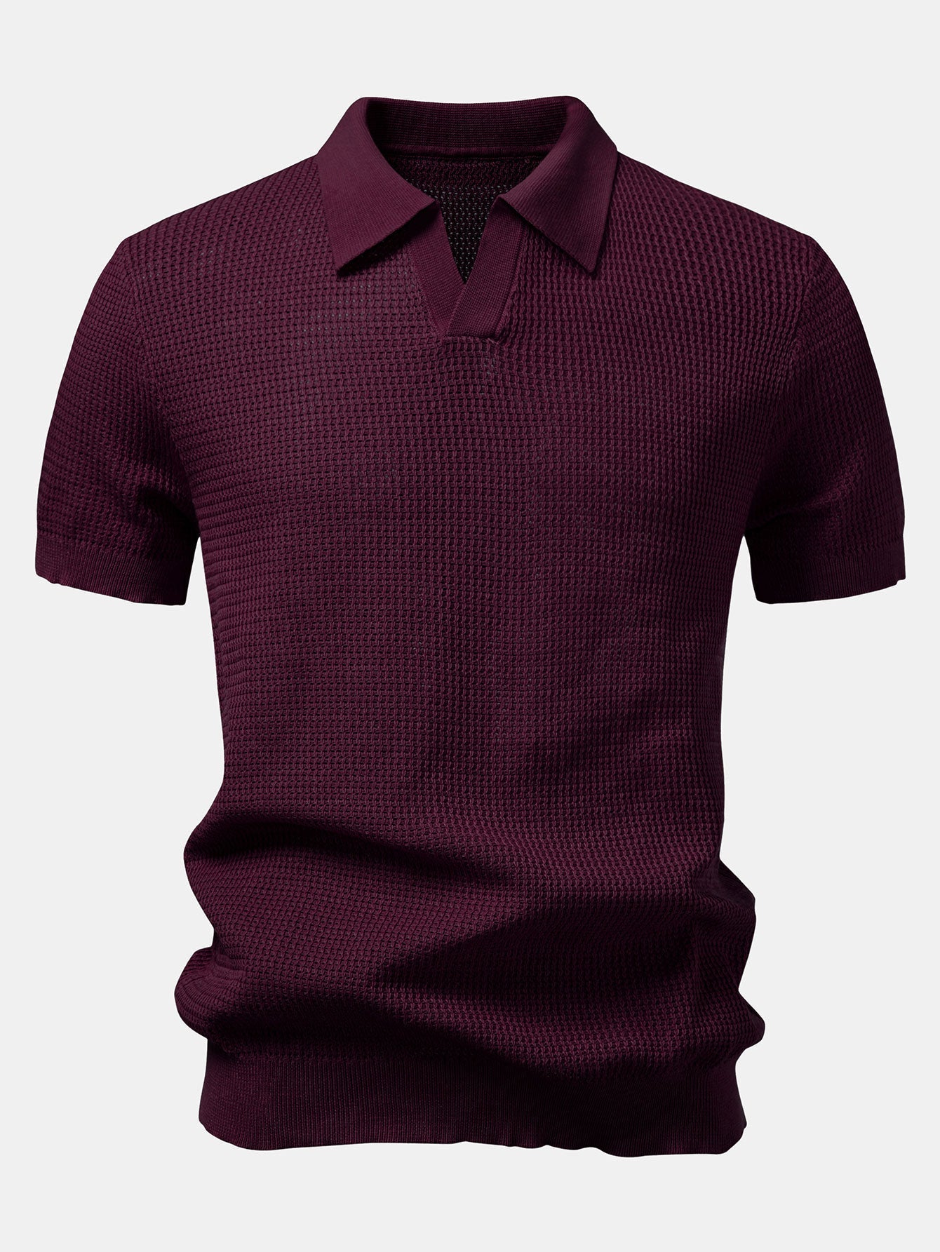 Textured Johnny Collar Crocheted Knit Polo & Crinkle Textured Straight Leg Pants