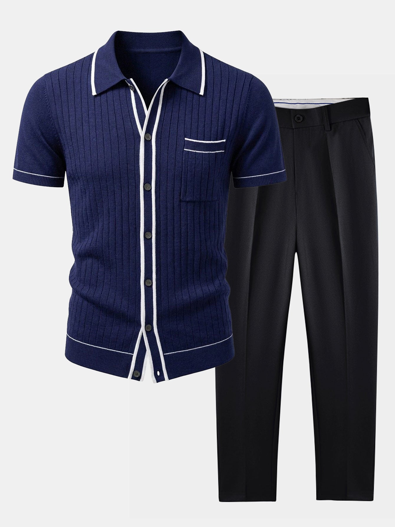 Contrast Trim Ribbed Knit Shirt & Slim Fit Tapered Trousers