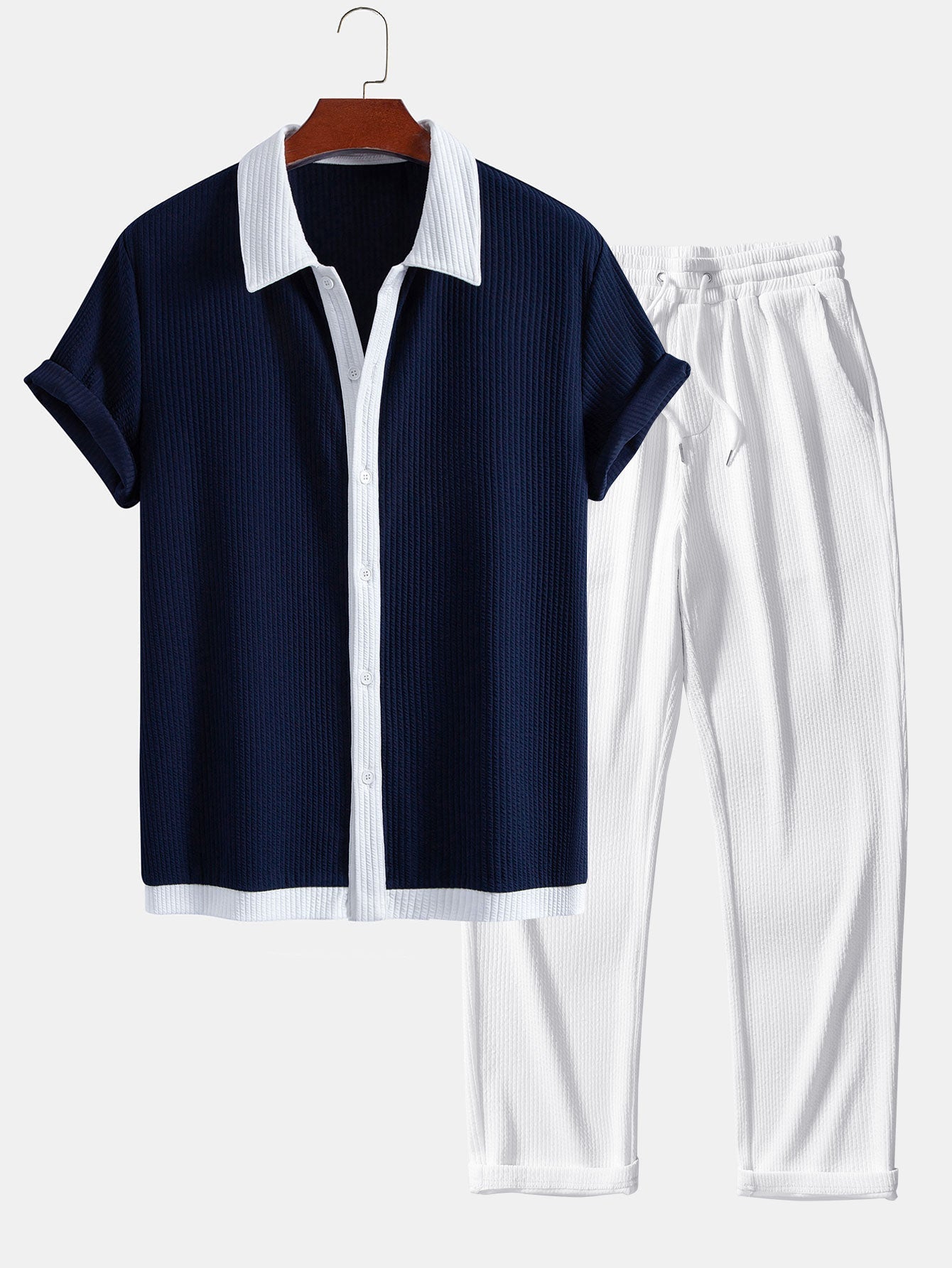 Contrast Ribbed Button Up Shirt & Straight Leg Ribbed Pants