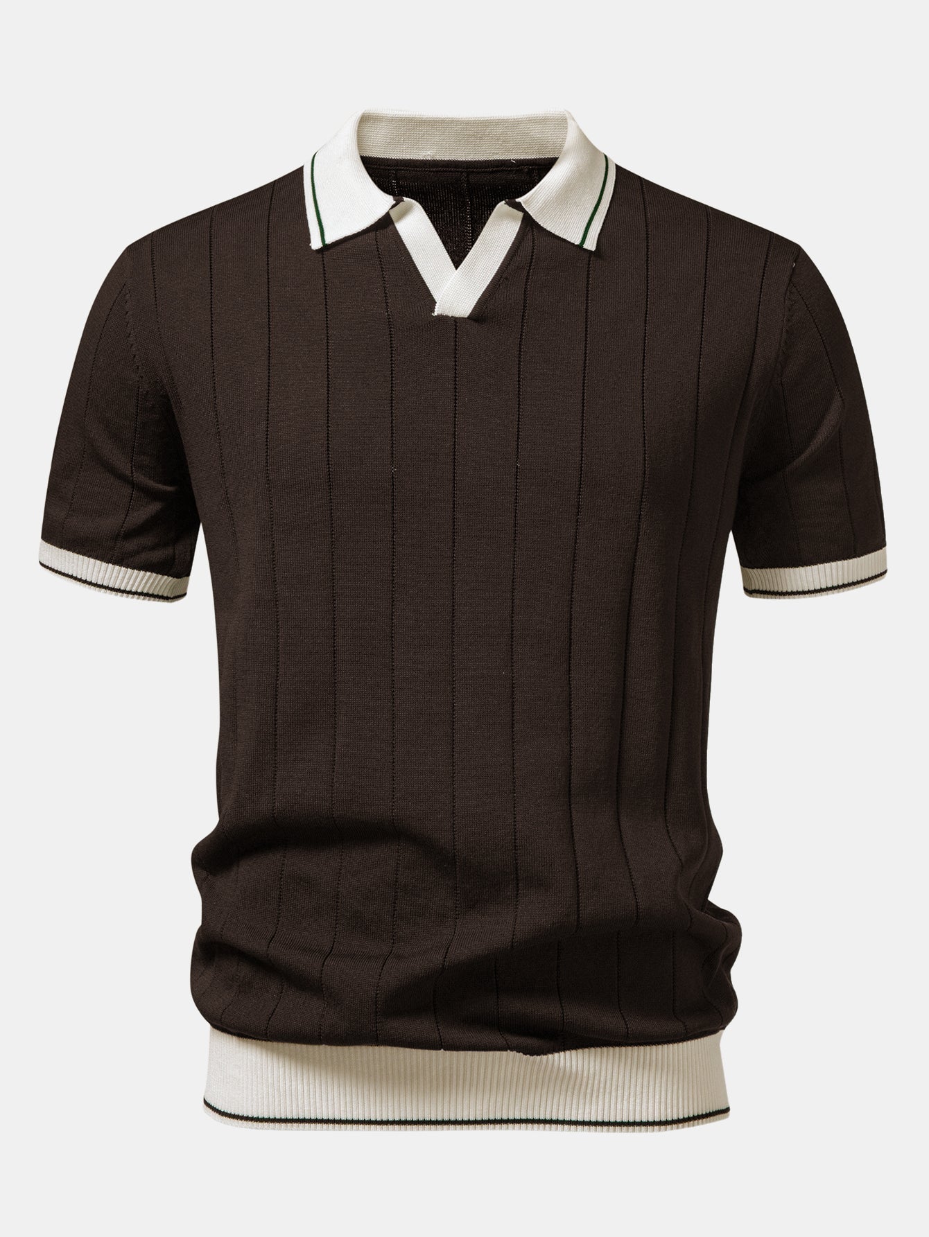 Contrast Trim Ribbed Johnny Collar Knit Polo & Elastic Waist Chino Shorts