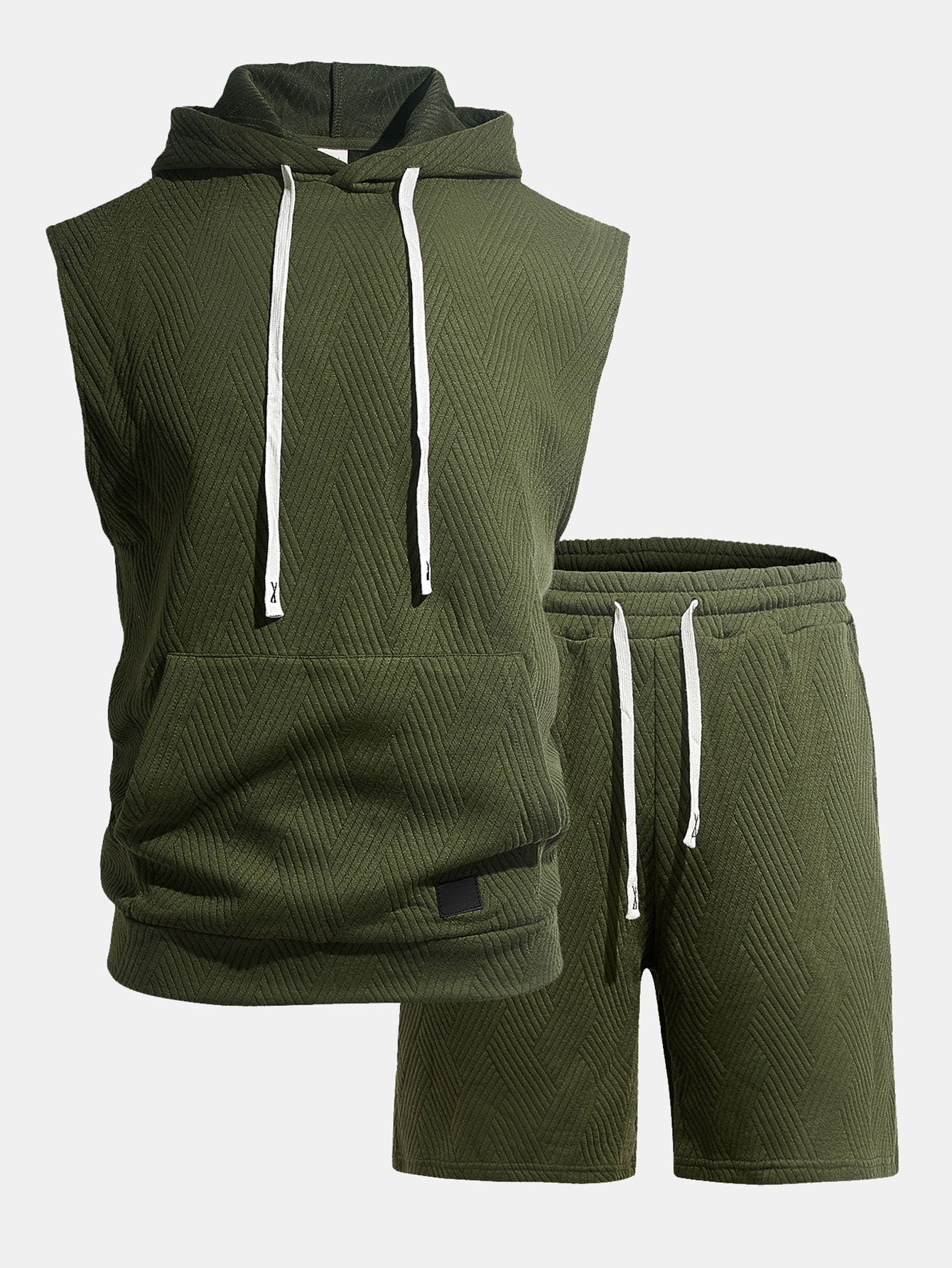 Stripe Textured Sleeveless Hooded T-Shirt & Drawstring Shorts Set