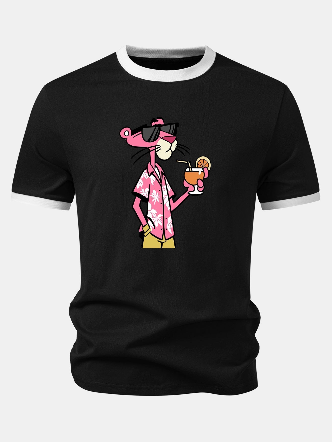 Vacation Pink Panther Print Contrast Ringer T-Shirt & 5" Drawstring Corduroy Shorts