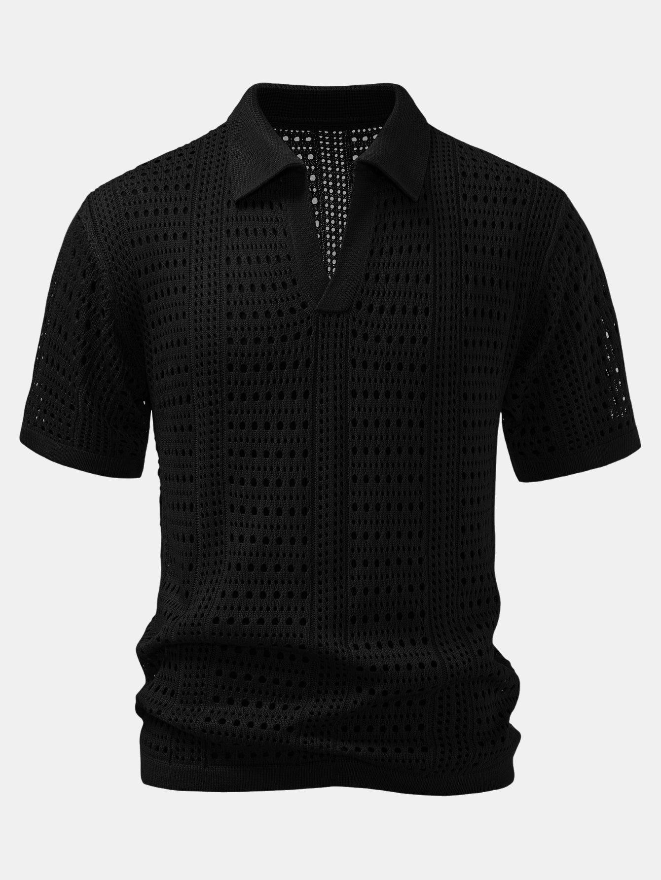 Crochet V Neck Polo Shirt & Crinkle Textured Drawstring 5" Shorts