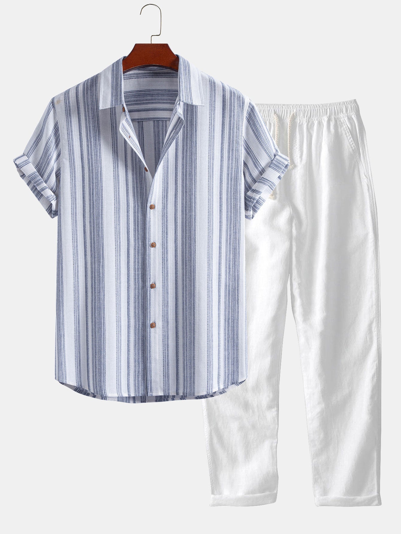 Stripe Linen Look Button Up Shirt & Straight Leg Linen Pants