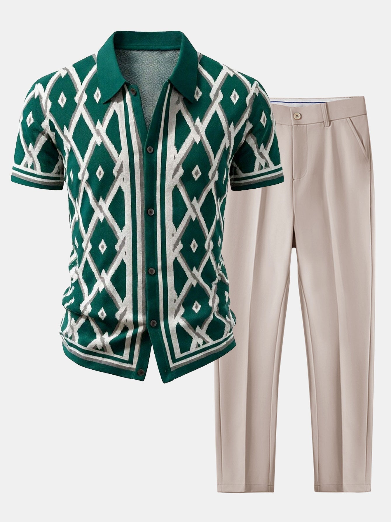 Retro Rhombus Geometric Knit Shirt & Slim Fit Tapered Trousers