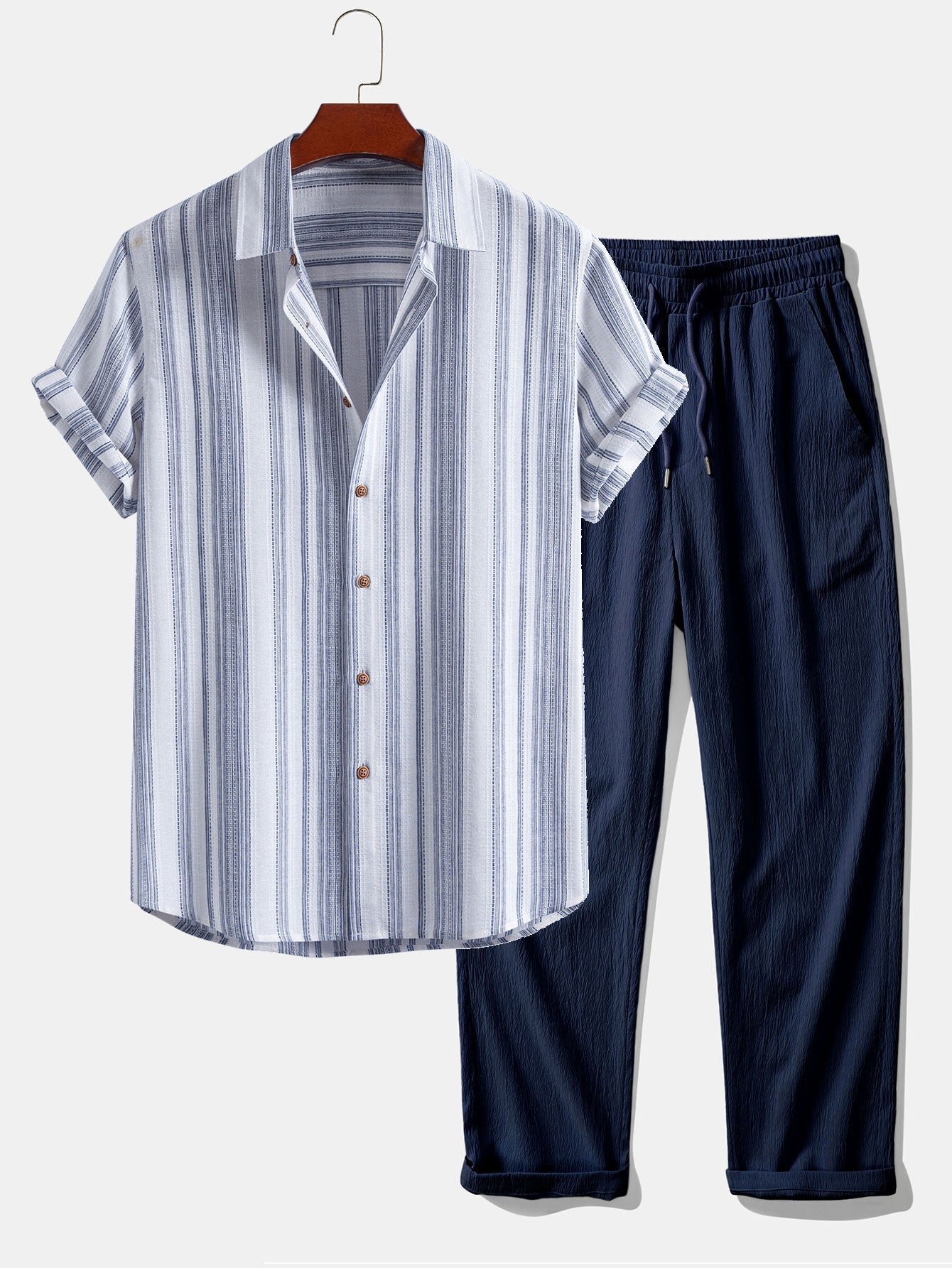 Stripe Linen Look Button Up Shirt & Crinkle Textured Straight Leg Pants