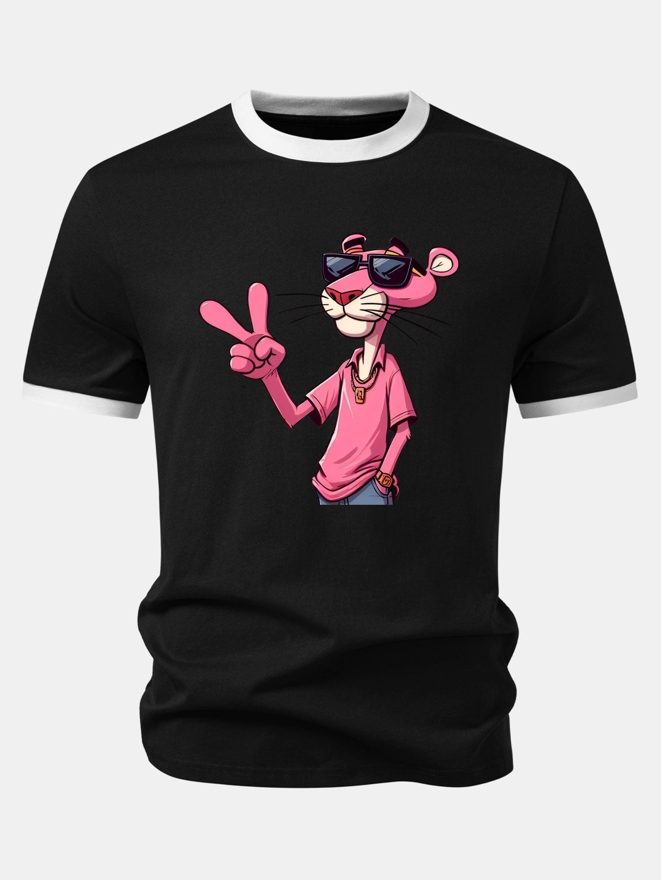 Pink Panther With V Sign Print Contrast Ringer T-Shirt & 5" Drawstring Corduroy Shorts