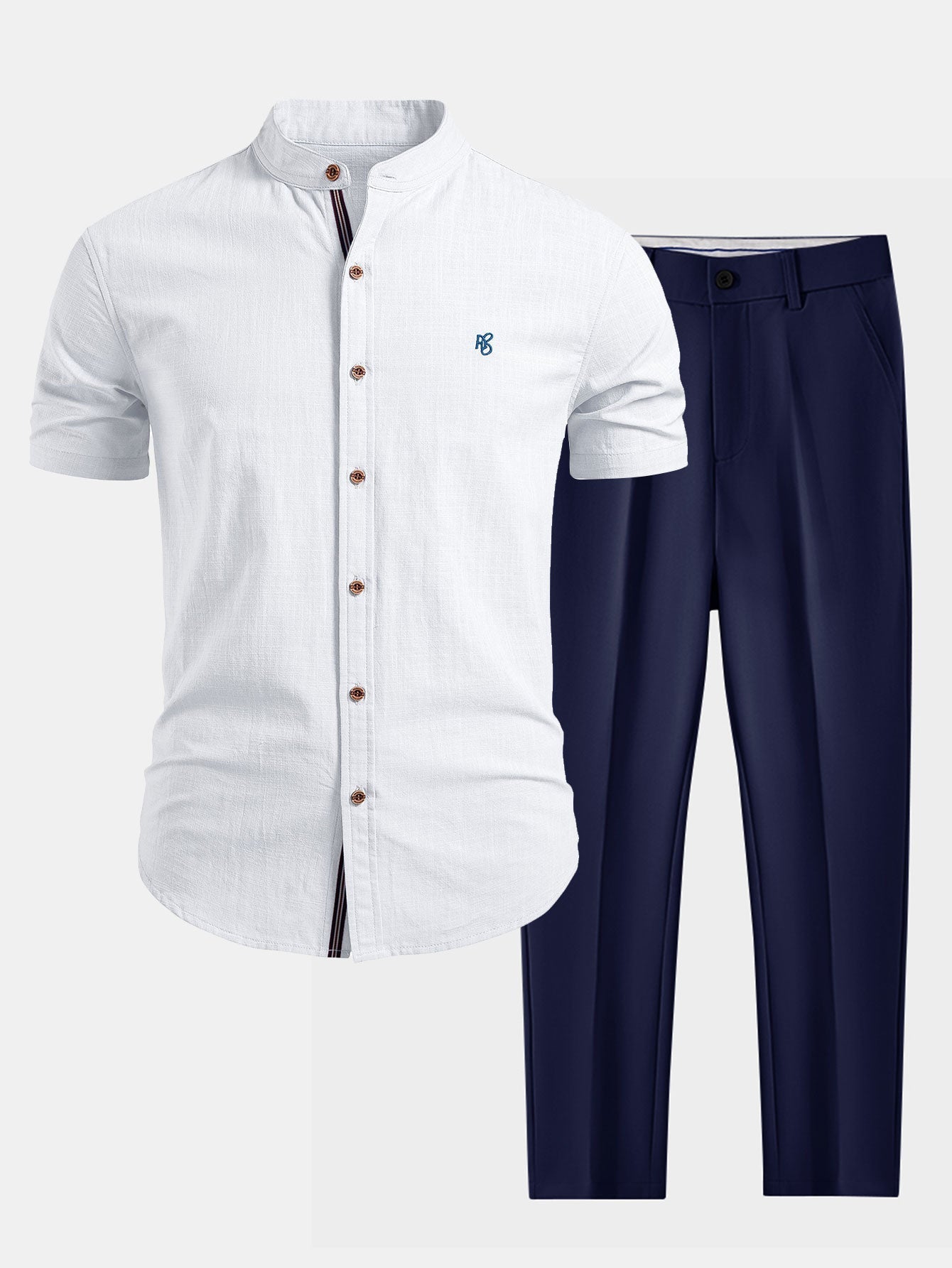 Short Sleeve Linen Look Stand Collar Shirt & Slim Fit Tapered Trousers