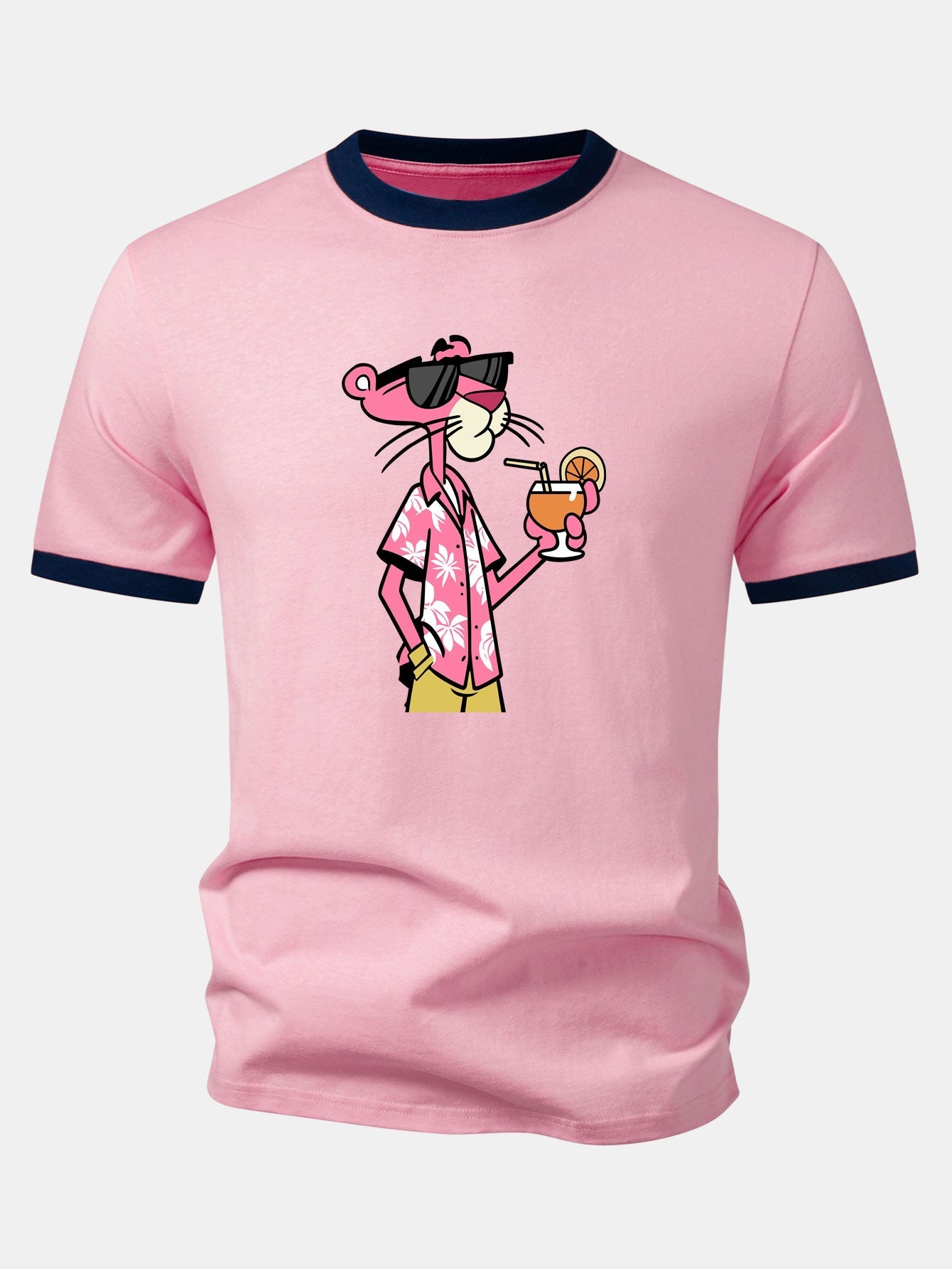 Vacation Pink Panther Print Contrast Ringer T-Shirt & Zip Pocket Swim Shorts