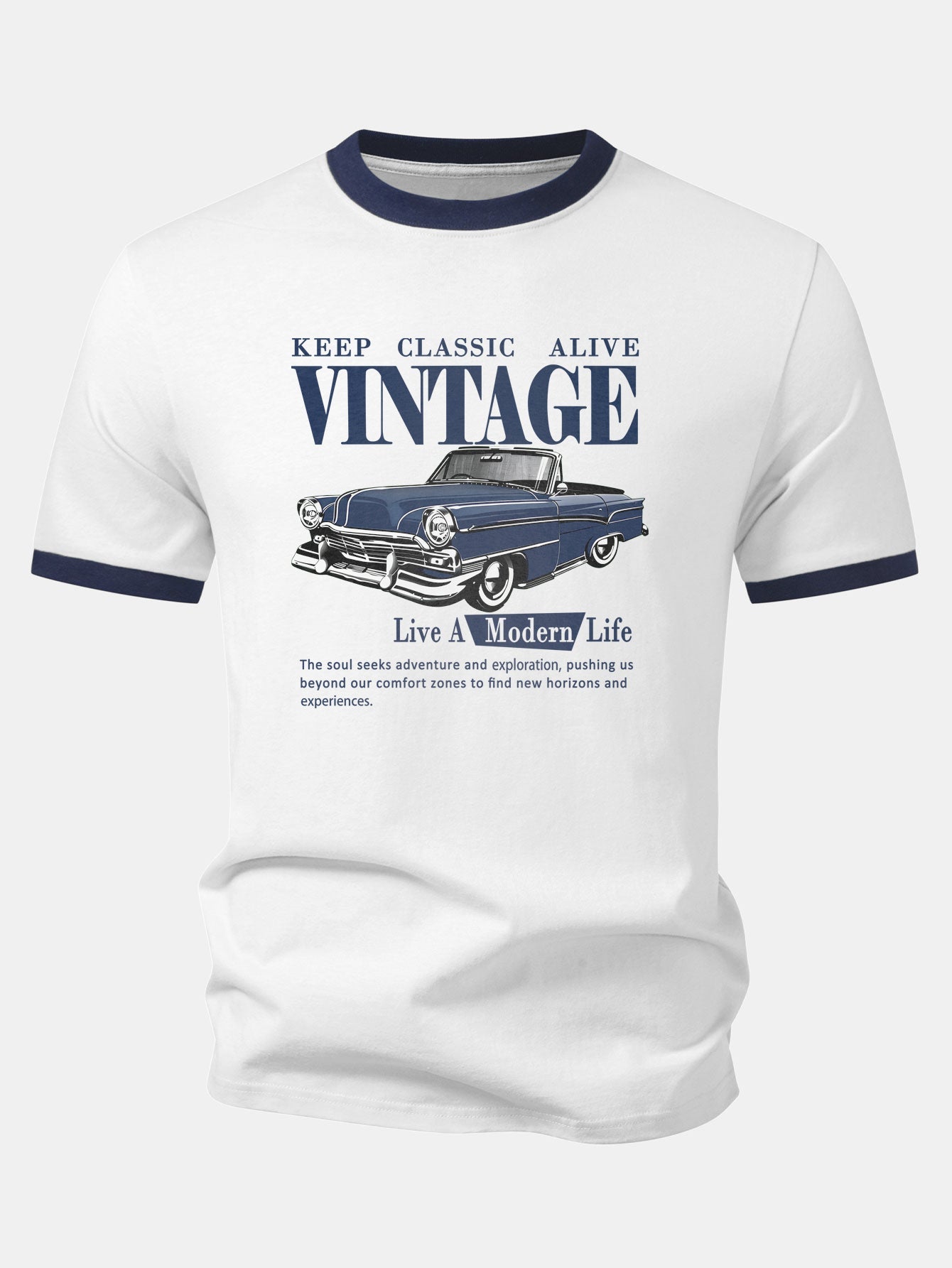 Vintage Car Print Contrast Ringer T-Shirt & Cotton Drawstring 7" Shorts
