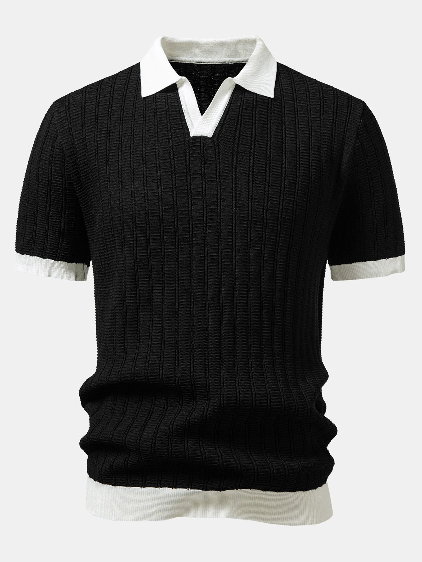 Contrast Textured Johnny Collar Knit Polo & Drawstring Knitted Waffle Pants