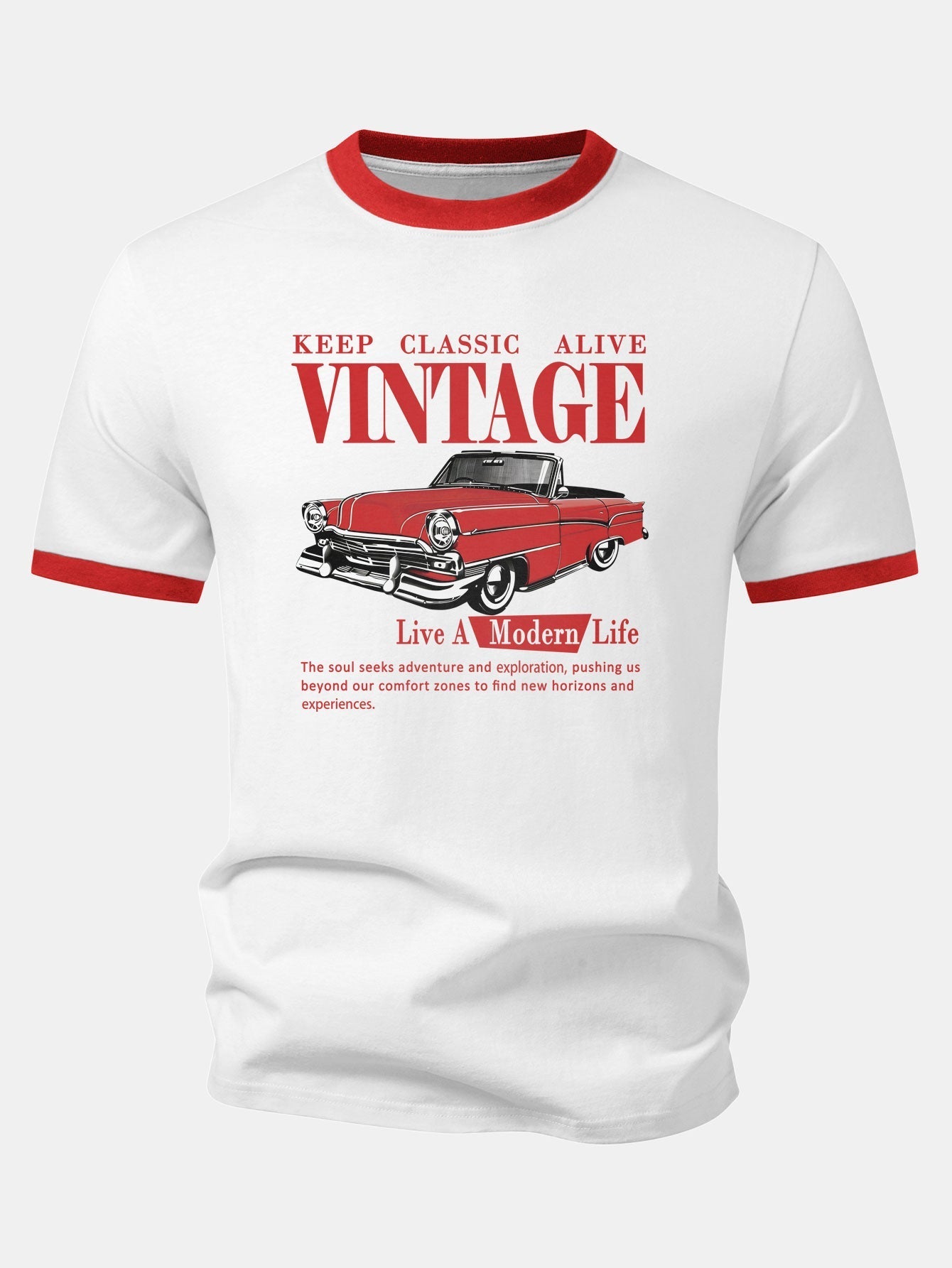 Vintage Car Print Contrast Ringer T-Shirt & Cotton Drawstring 7" Shorts