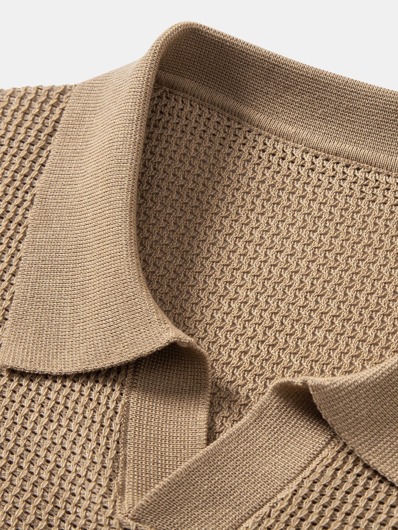Textured Johnny Collar Crocheted Knit Polo & Crinkle Textured Straight Leg Pants