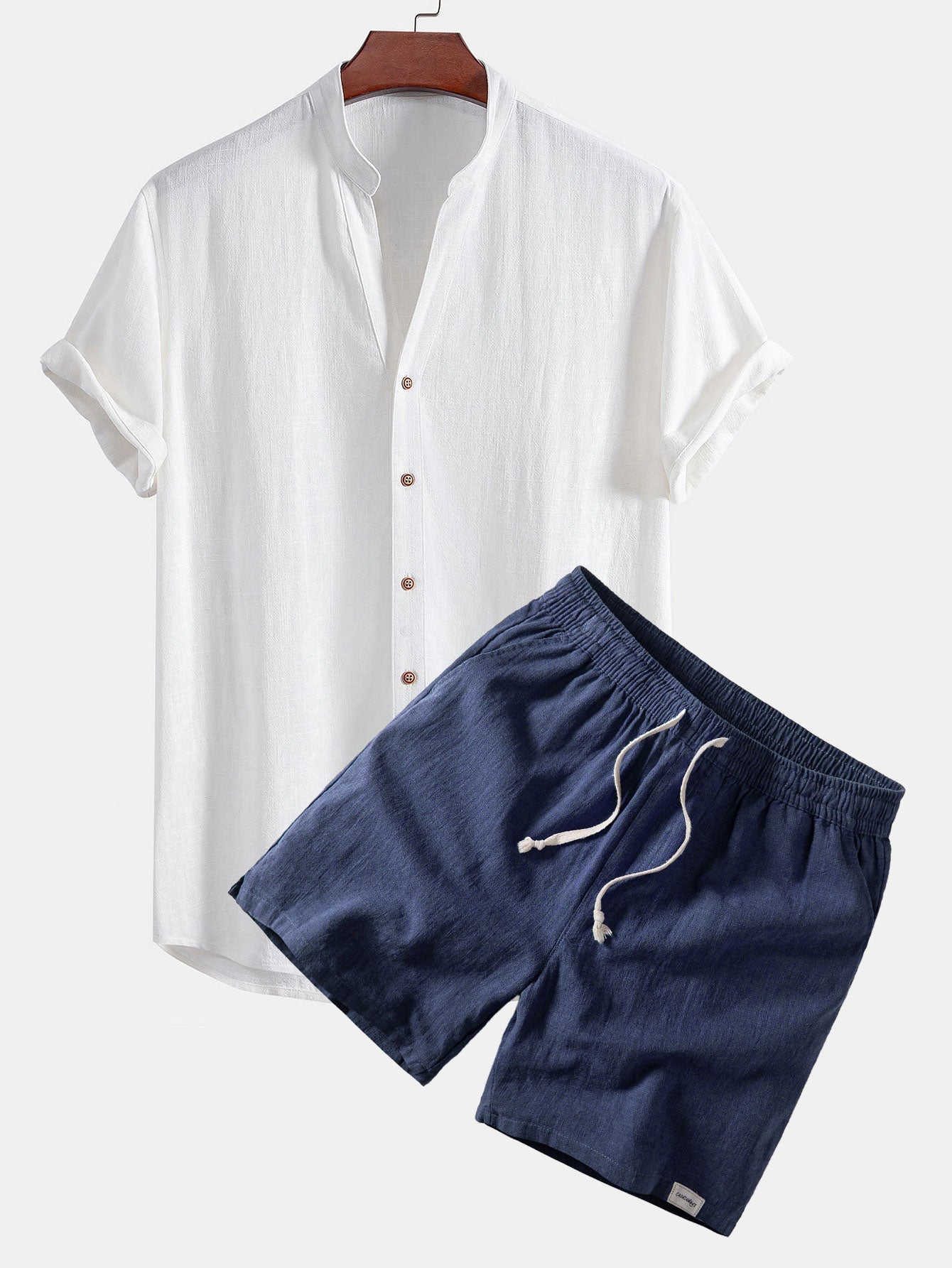 Short Sleeve V Neck Linen Rayon Blend Shirt & Linen Blend Drawstring 7" Shorts