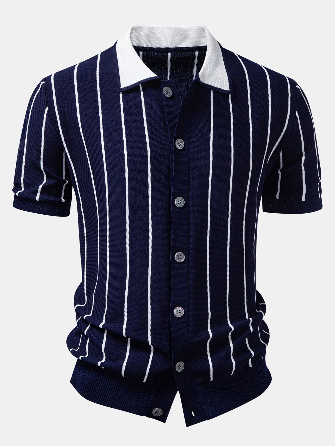 Stripe Button Up Knit Shirt & Straight Leg Ribbed Pants
