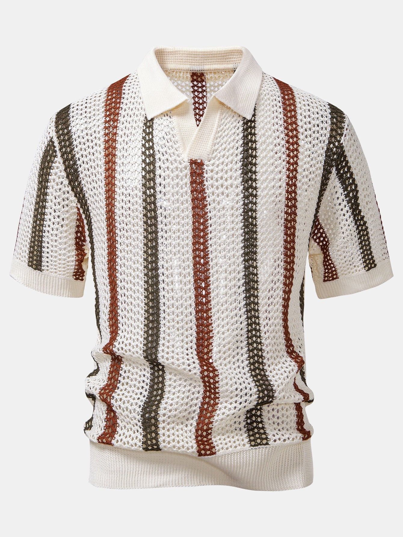 Striped Crochet V Neck Polo & Crinkle Textured Drawstring 5" Shorts