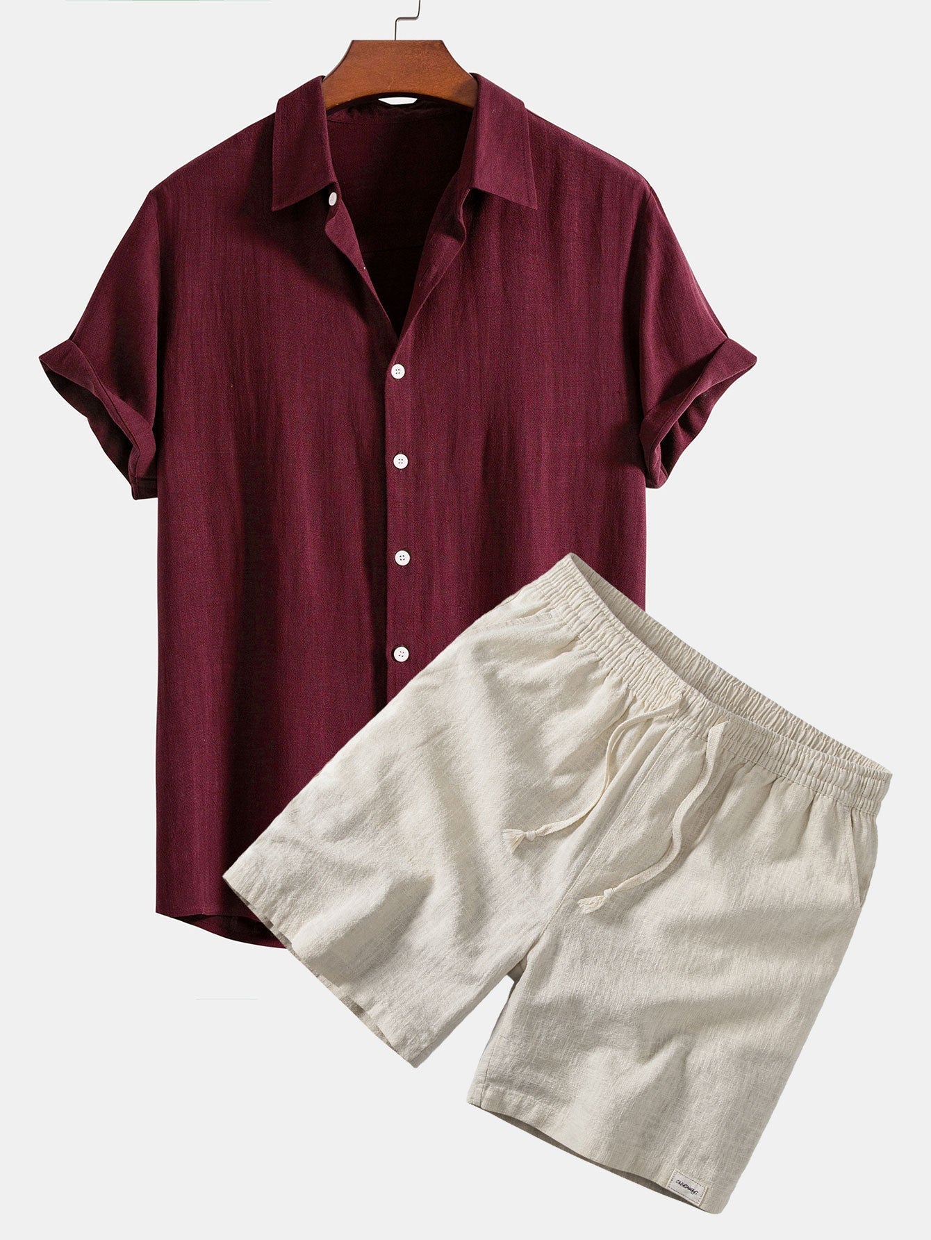 Linen Rayon Blend Button Up Shirt & Linen Blend Drawstring 7" Shorts