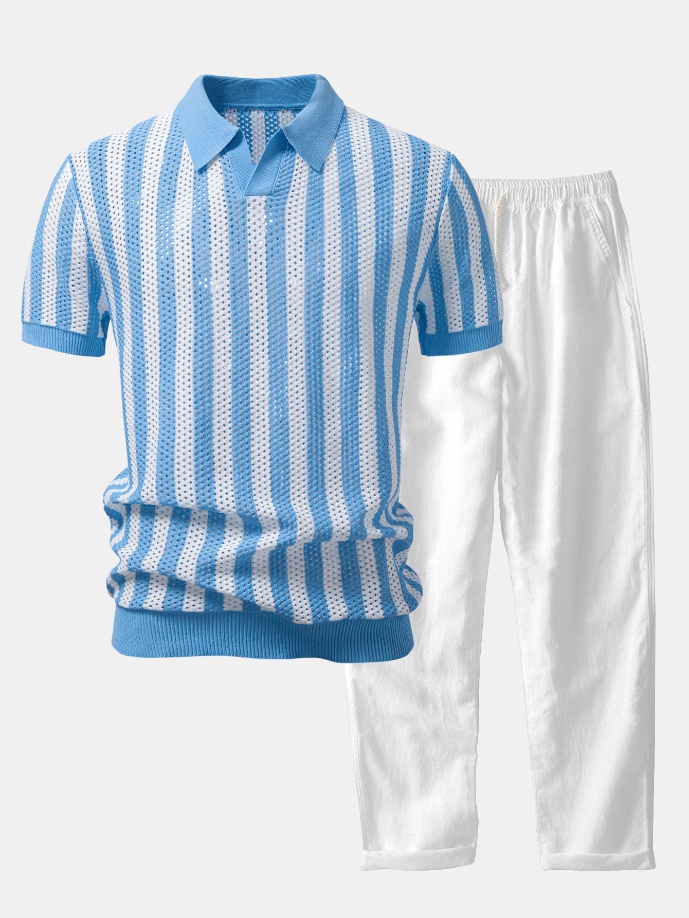 Stripe Johnny Collar Open Knit Polo & Straight Leg Linen Pants