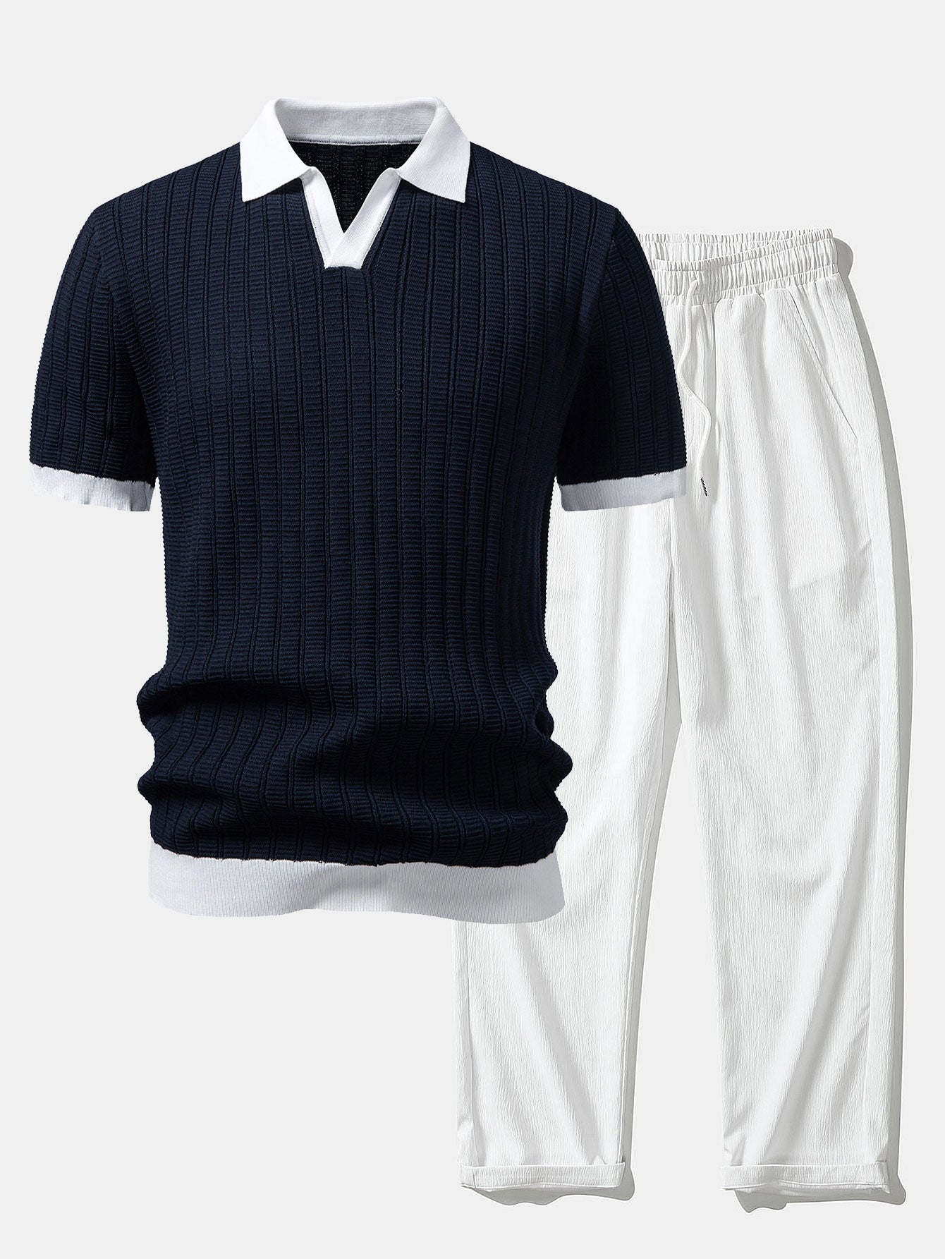 Contrast Textured Johnny Collar Knit Polo & Crinkle Textured Straight Leg Pants