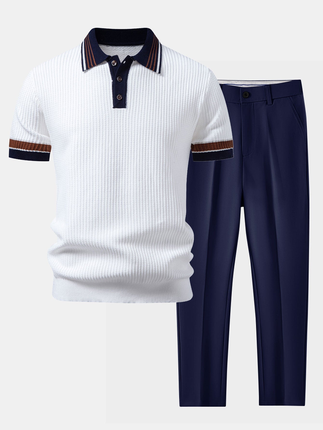 Contrast Stripe Trim Waffle Knit Polo & Slim Fit Tapered Trousers