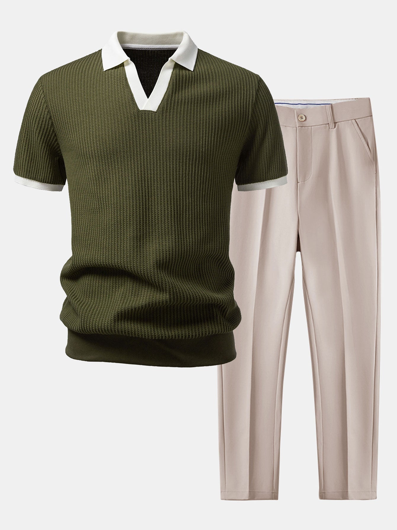 Contrast Knit Waffle Johnny Collar Polo & Slim Fit Tapered Trousers