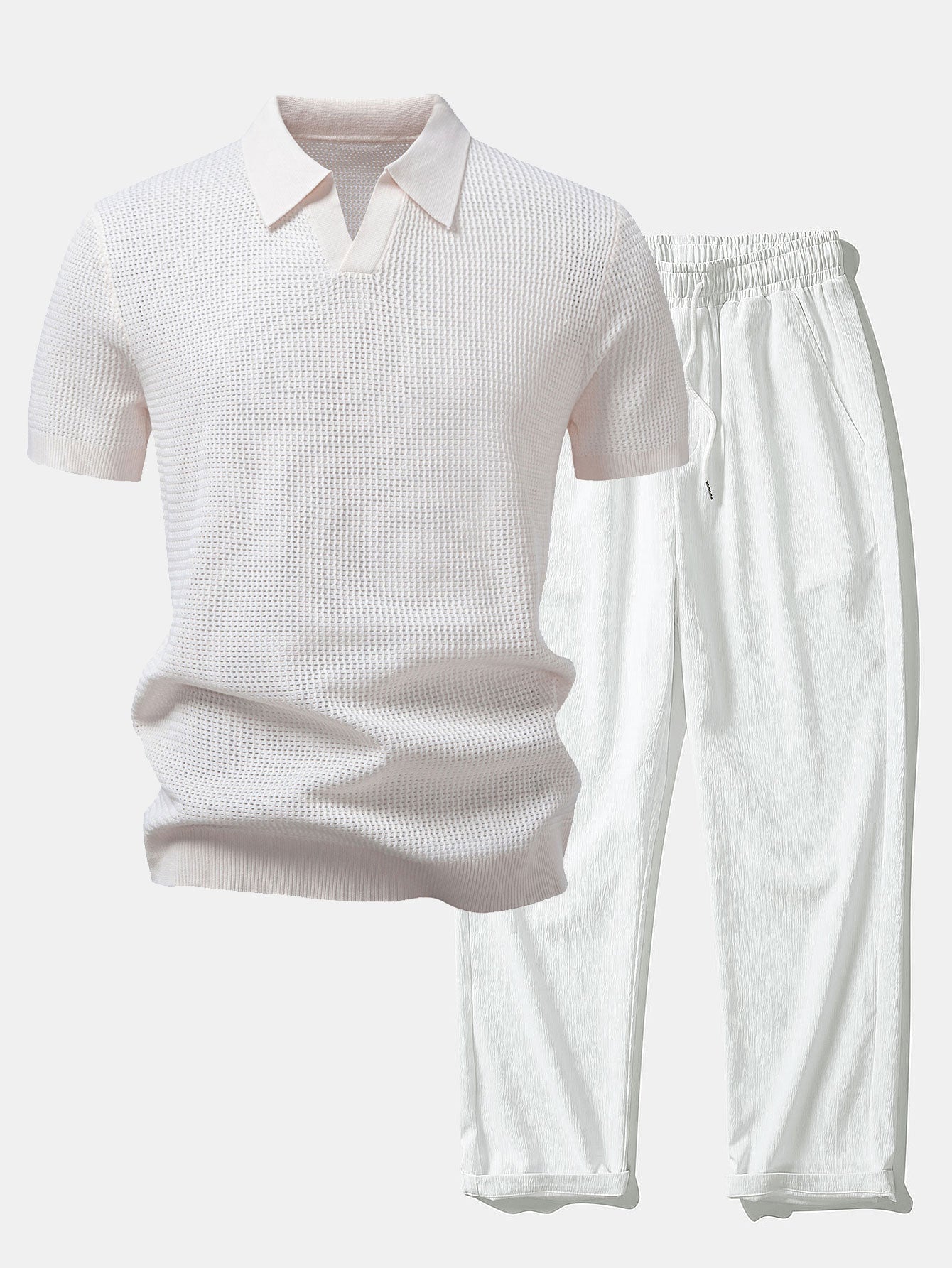 Textured Johnny Collar Crocheted Knit Polo & Crinkle Textured Straight Leg Pants